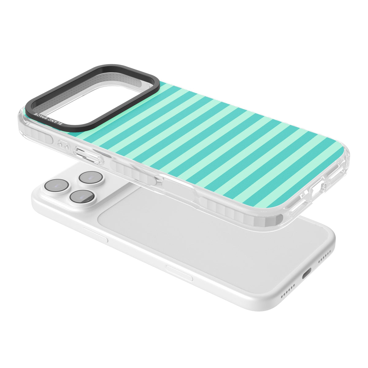 Turquoise Stripe preppy iPhone case featuring horizontal teal and mint green stripes on a black protective frame iPhone 17 Pro Max Impact Pro Clear Phone Case angled