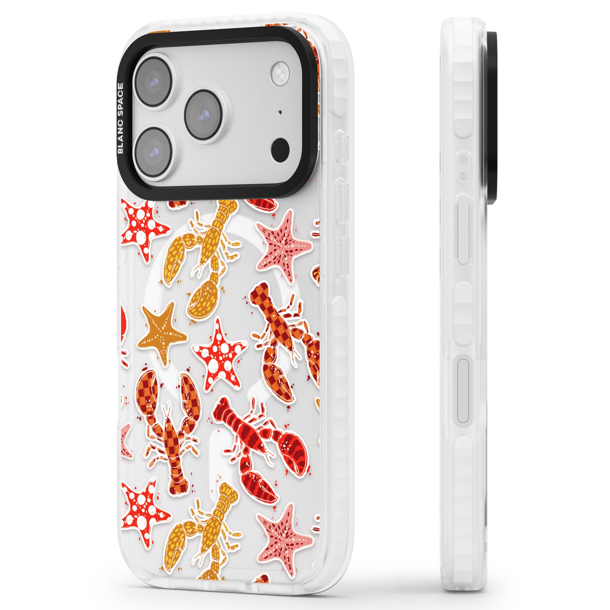 Lobster & Starfish Coastal Pattern iPhone 17 Pro Impact Pro Clear Phone Case Side Profile