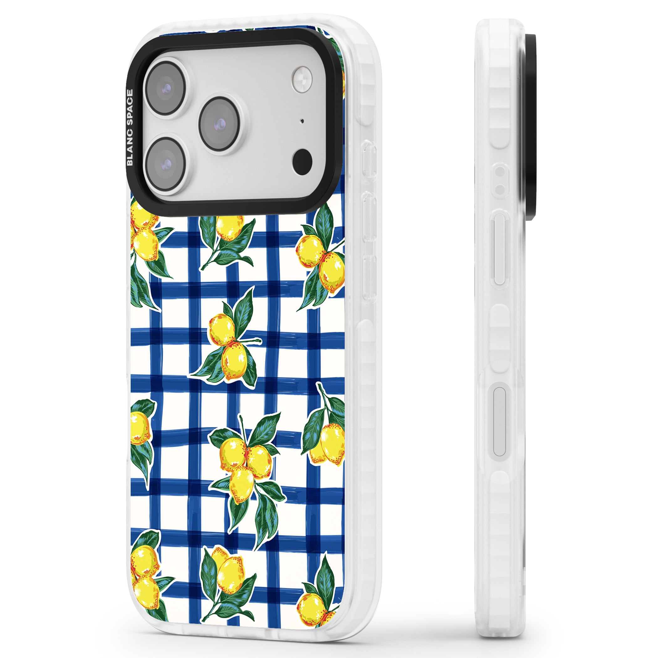 Lemon Gingham iPhone 17 Pro Impact Pro Clear Phone Case Side Profile