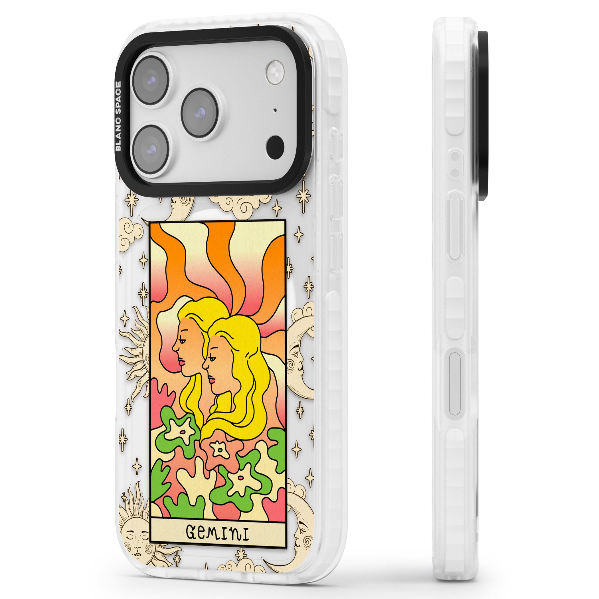 Celestial Zodiac Gemini iPhone 17 Pro Impact Pro Clear Phone Case Side Profile