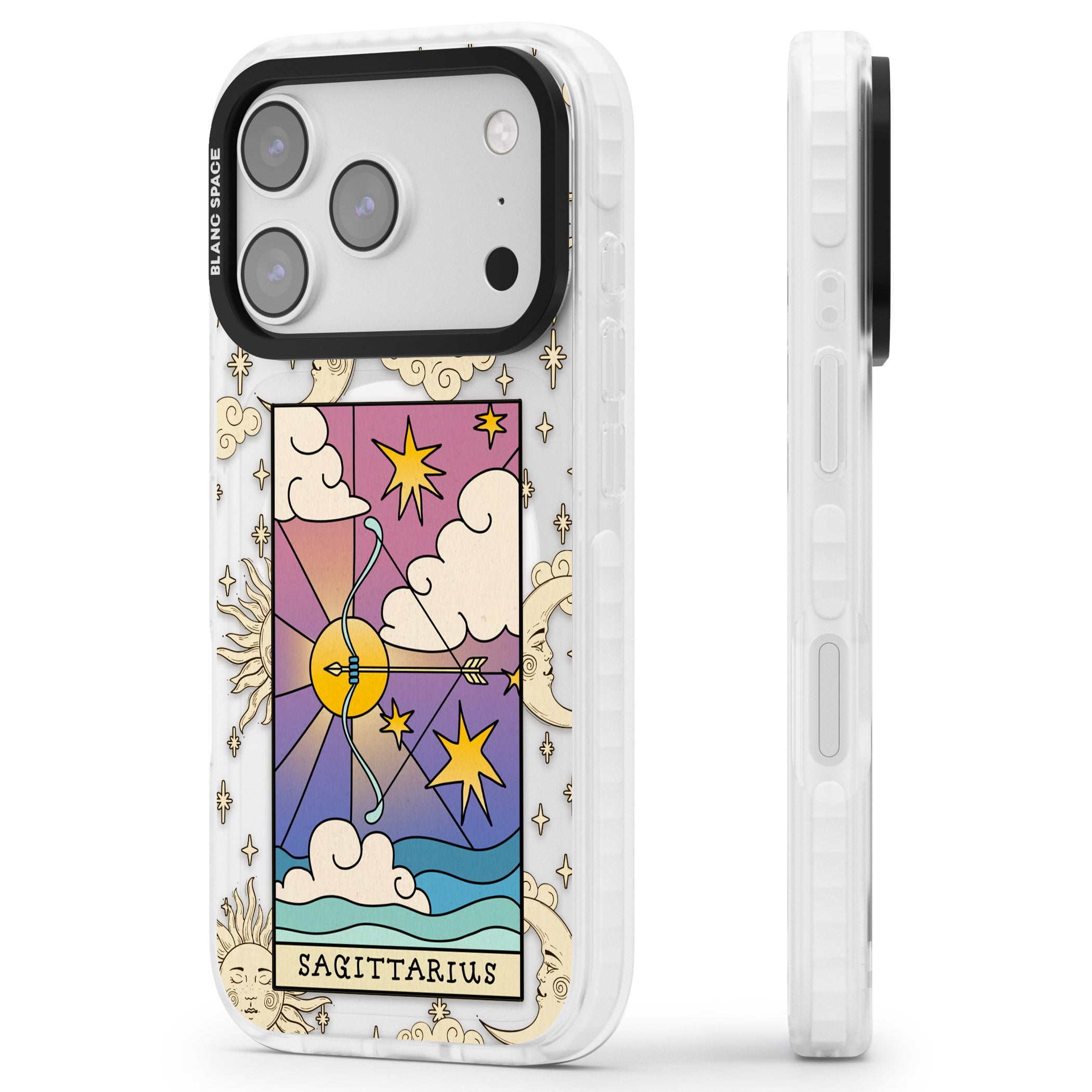 Celestial Zodiac Sagittarius iPhone 17 Pro Impact Pro Clear Phone Case Side Profile