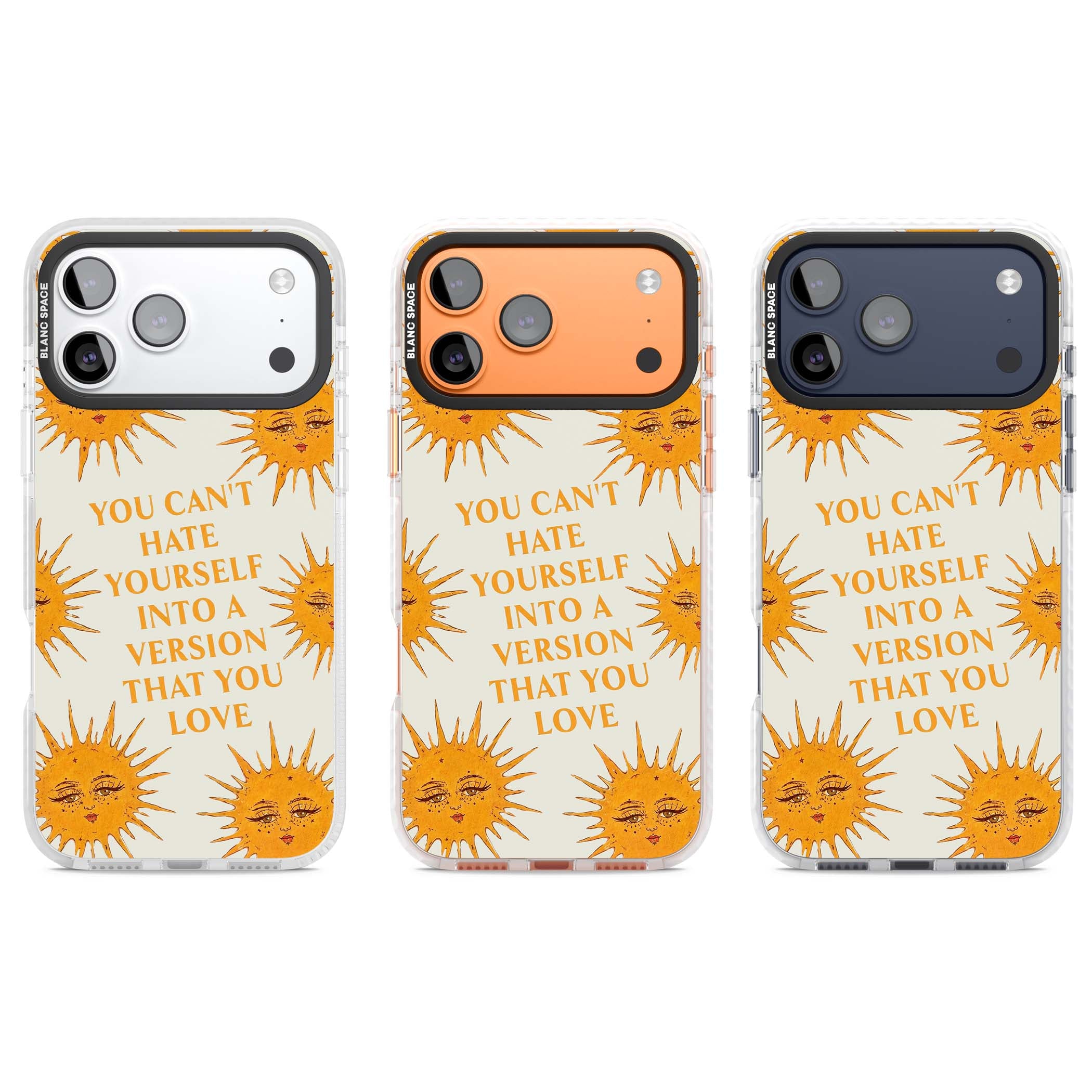 Don't Hate Yourself celestial iPhone case featuring vintage sun faces, ochre rays and a self-love quote | Impact Magsafe case for iPhone 17 Pro, iPhone 17 Pro Max
