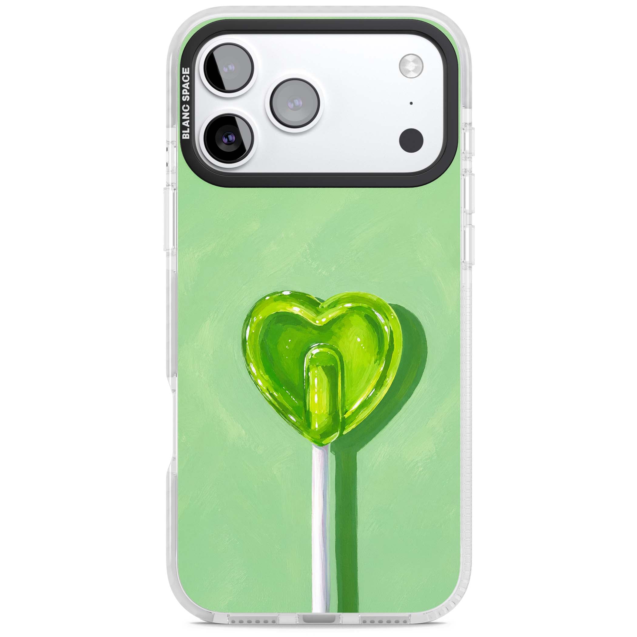Green Lollipop candy art iPhone case featuring a glossy green heart-shaped lollipop on a painted pastel green background | Impact Magsafe case for iPhone 17 Pro, iPhone 17 Pro Max