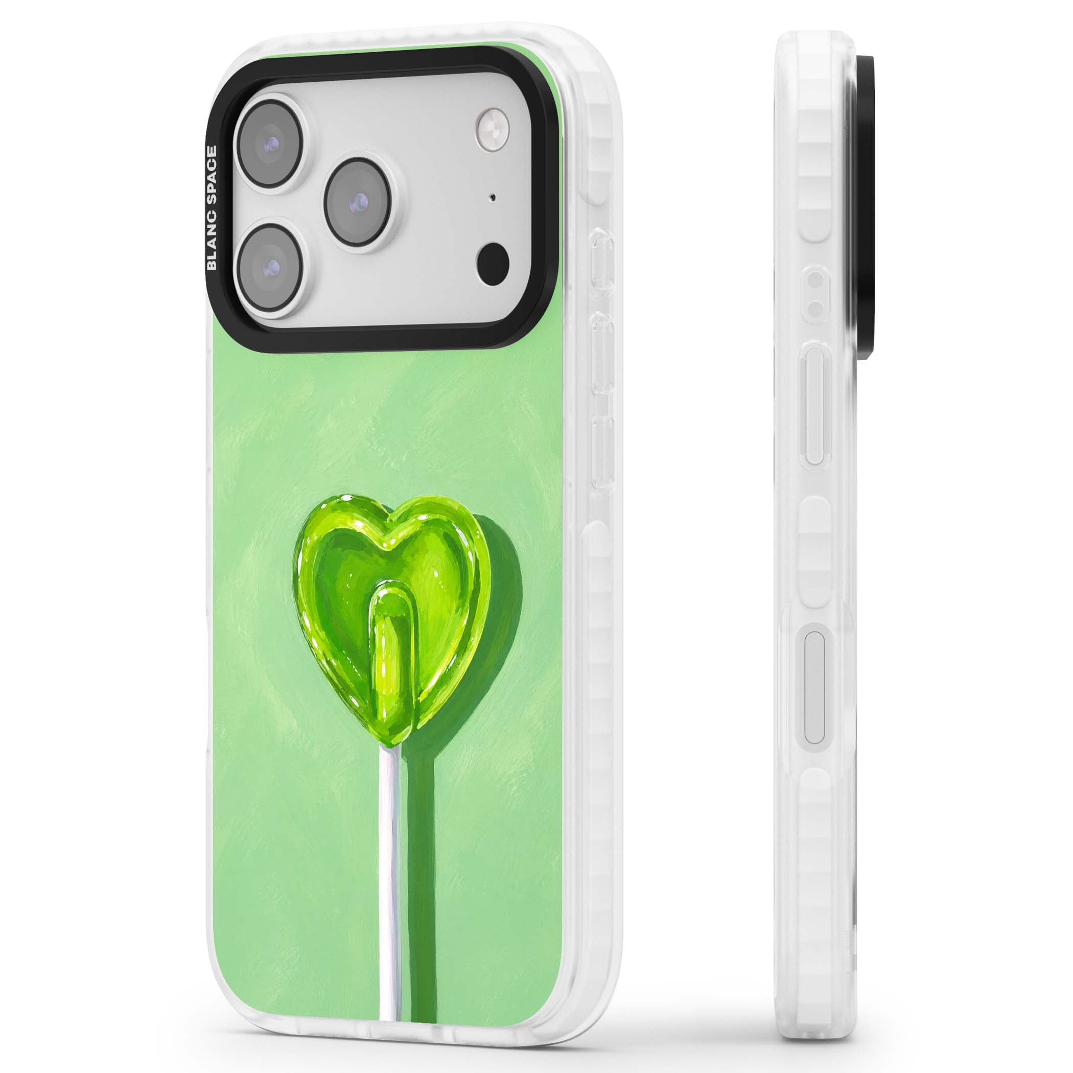 Green Lollipop candy art iPhone case featuring a glossy green heart-shaped lollipop on a painted pastel green background | Impact Magsafe case for iPhone 17 Pro, iPhone 17 Pro Max