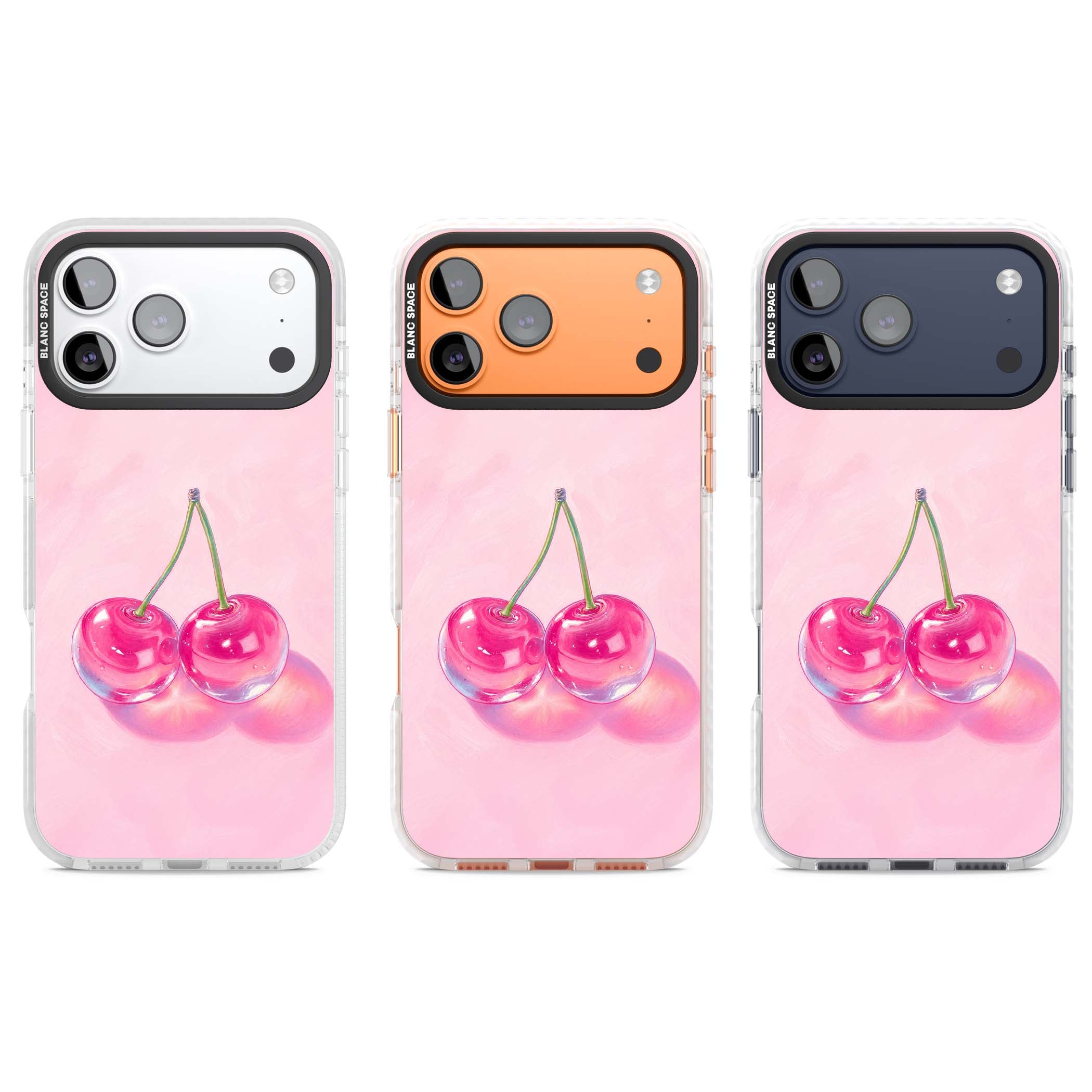 Pink Glass Cherry coquette iPhone case featuring two glossy painted cherries on a soft pink background | Impact Magsafe case for iPhone 17 Pro, iPhone 17 Pro Max