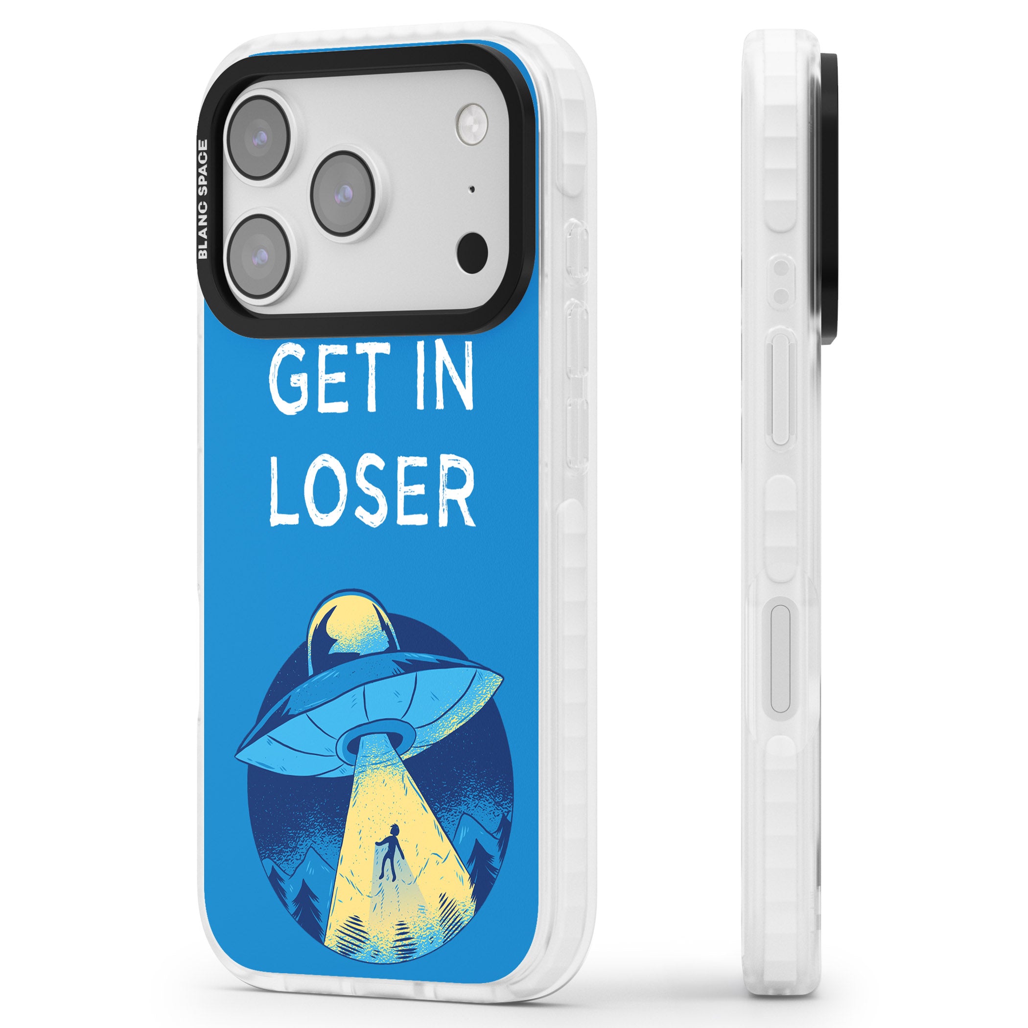 Get In Loser Ufo iPhone 17 Pro Impact Pro Clear Phone Case Side Profile
