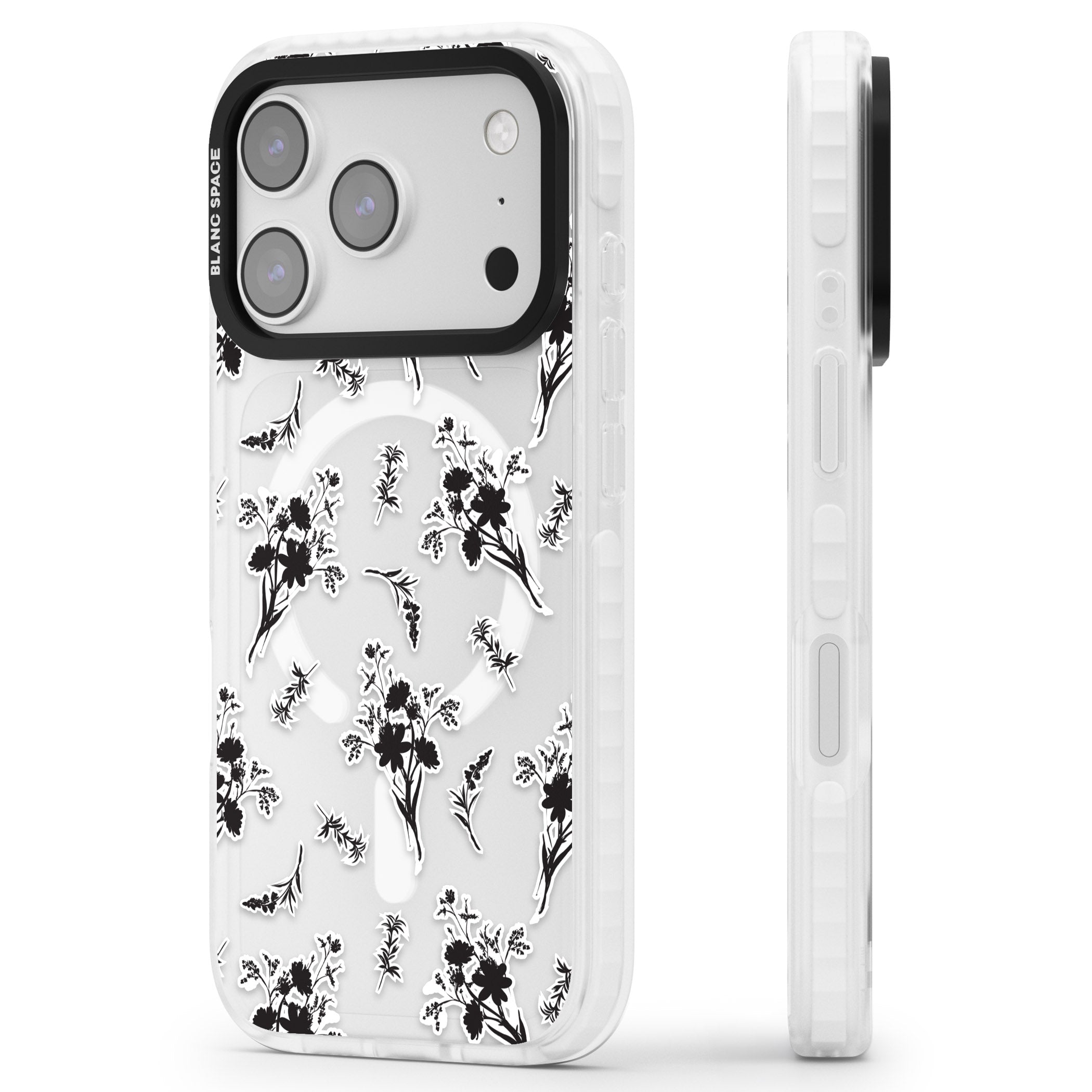 Black Sticker Wildflowers iPhone 17 Pro Impact Pro Clear Phone Case Side Profile