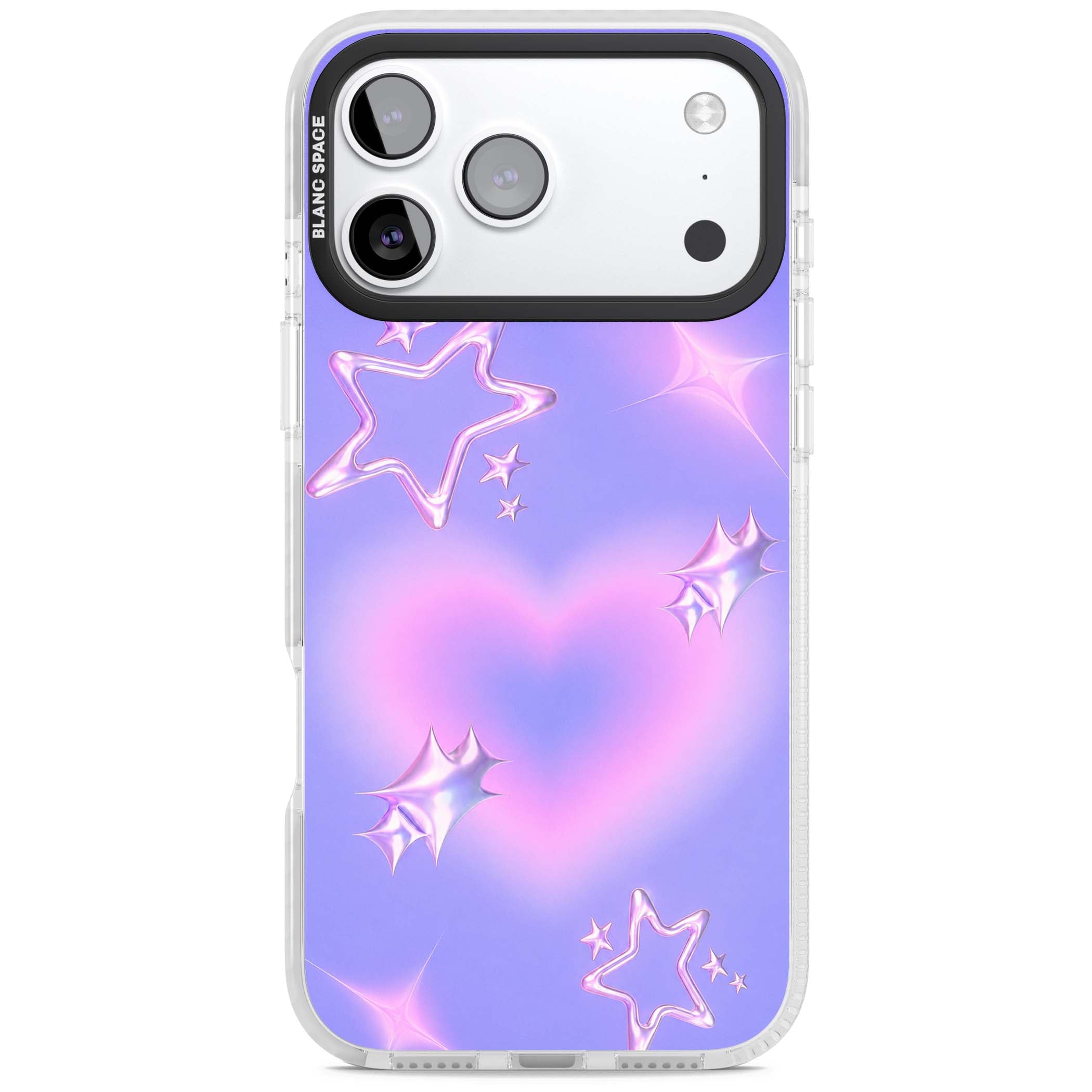 Soft Sugar Y2K iPhone case featuring iridescent chrome hearts, metallic pink stars and a lavender gradient sky | Impact Magsafe case for iPhone 17 Pro, iPhone 17 Pro Max