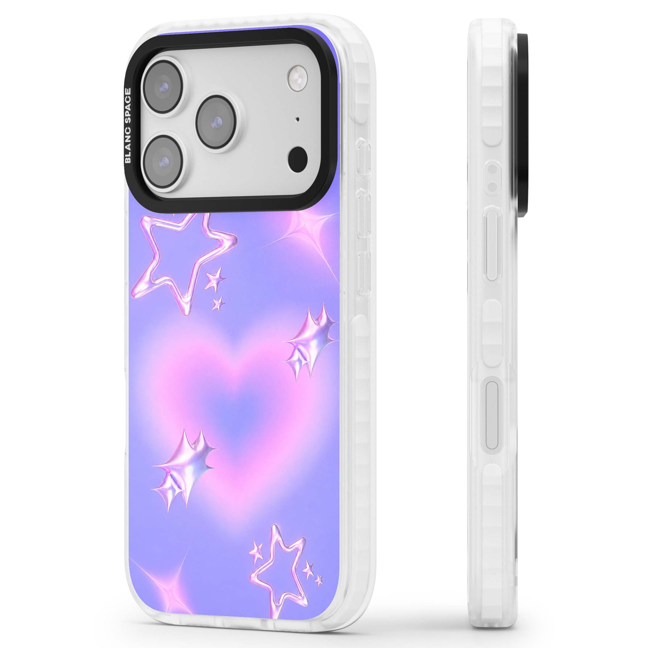 Soft Sugar Y2K iPhone case featuring iridescent chrome hearts, metallic pink stars and a lavender gradient sky | Impact Magsafe case for iPhone 17 Pro, iPhone 17 Pro Max