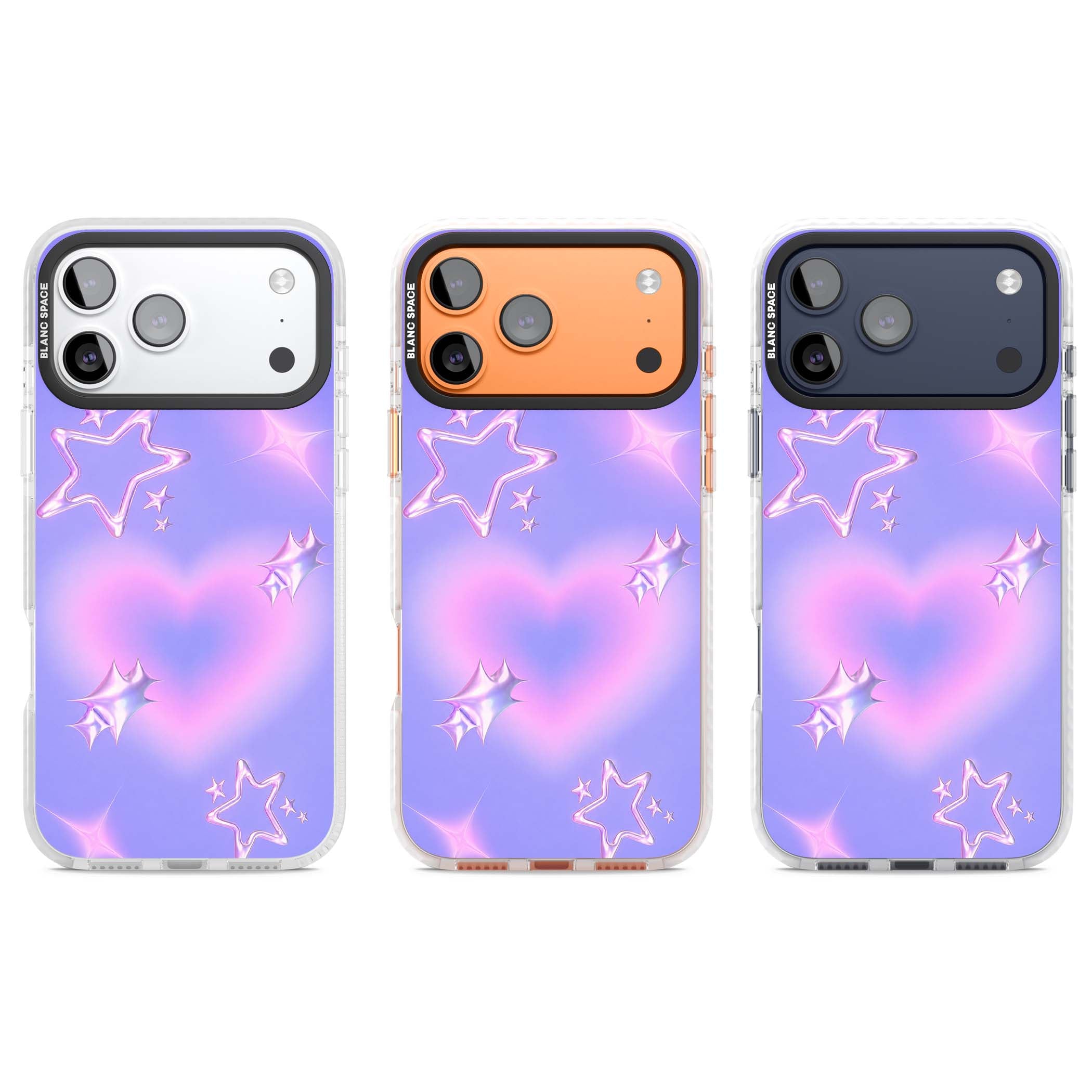 Soft Sugar Y2K iPhone case featuring iridescent chrome hearts, metallic pink stars and a lavender gradient sky | Impact Magsafe case for iPhone 17 Pro, iPhone 17 Pro Max