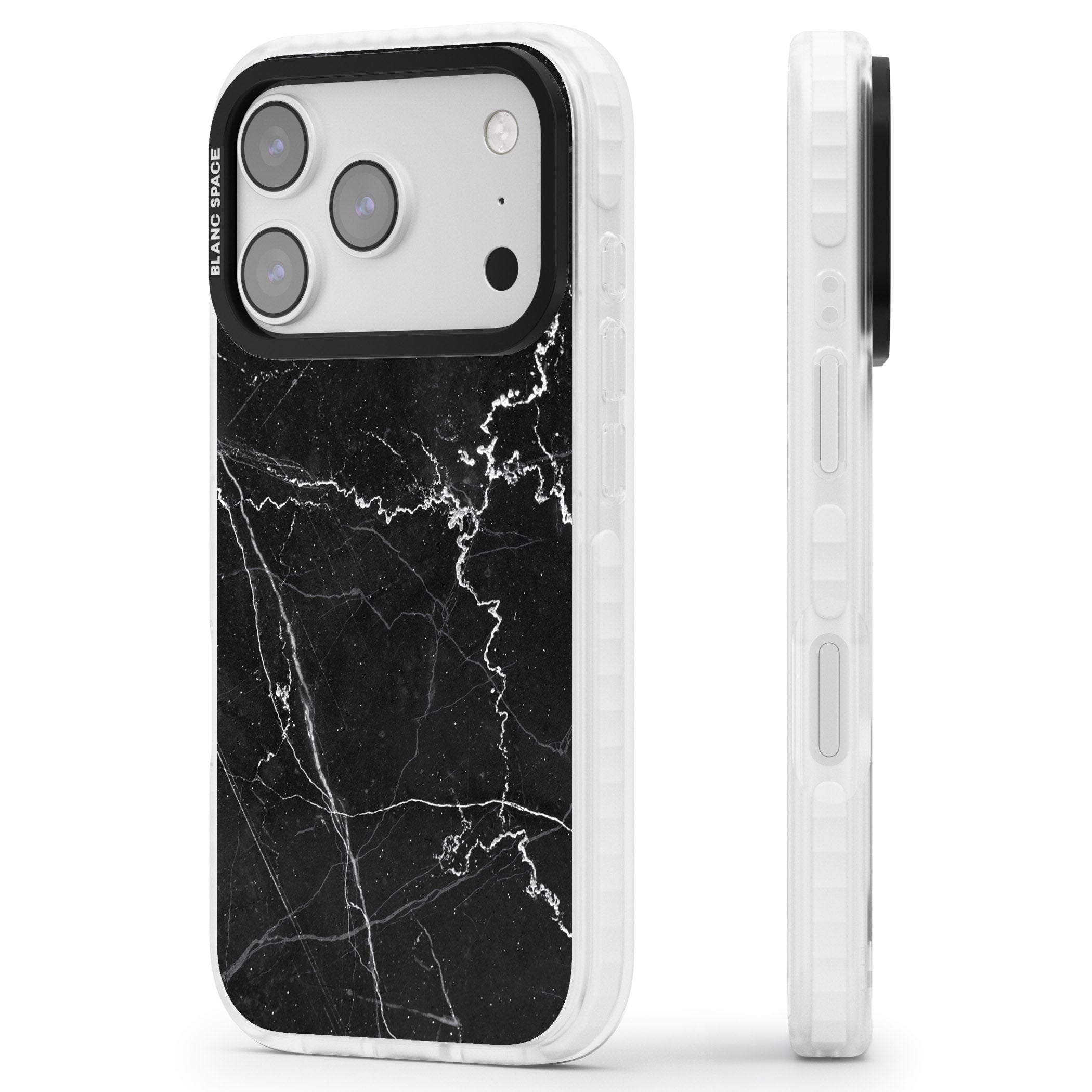 Bold Black Marble With White Texture iPhone 17 Pro Impact Clear Phone Case Side Profile