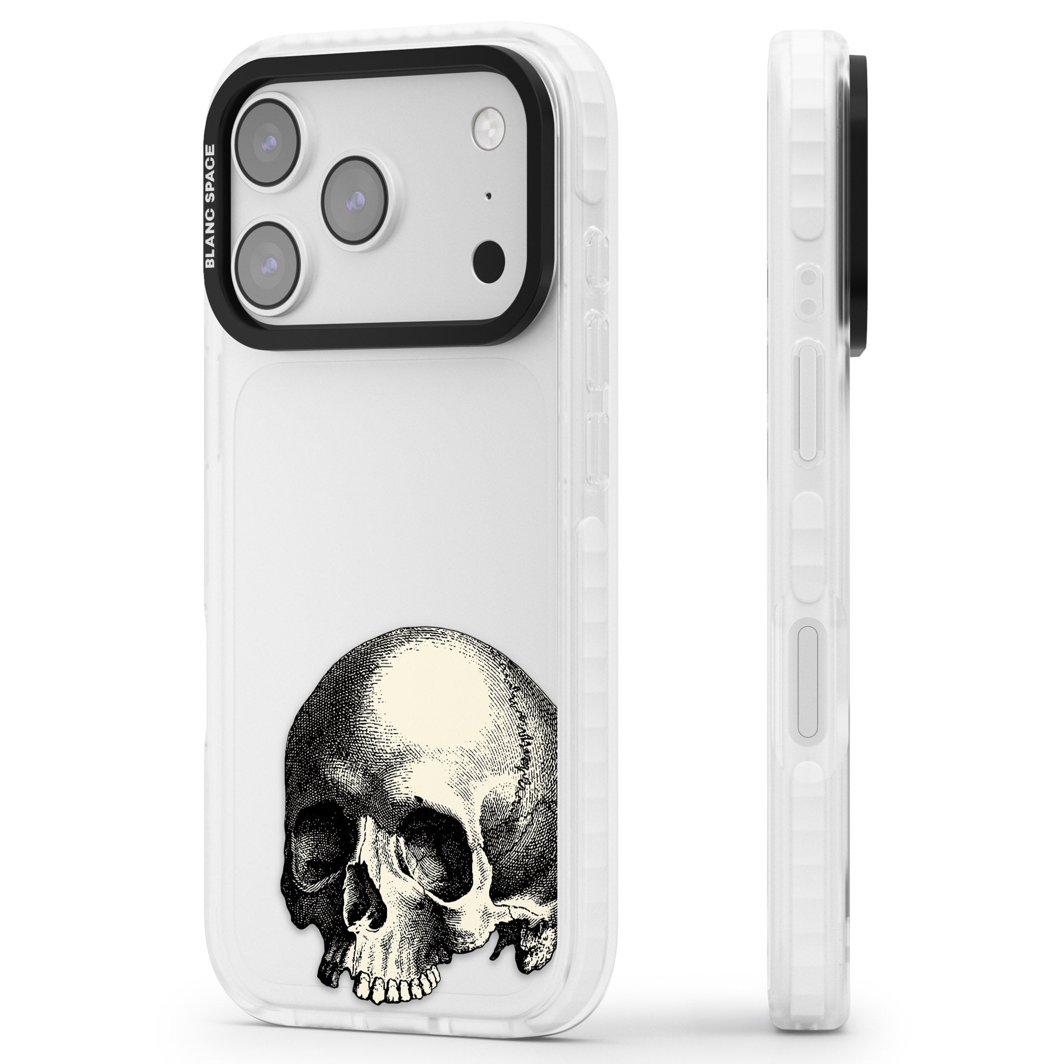 Minimal Vintage Skull iPhone 17 Pro Impact Clear Phone Case Side Profile