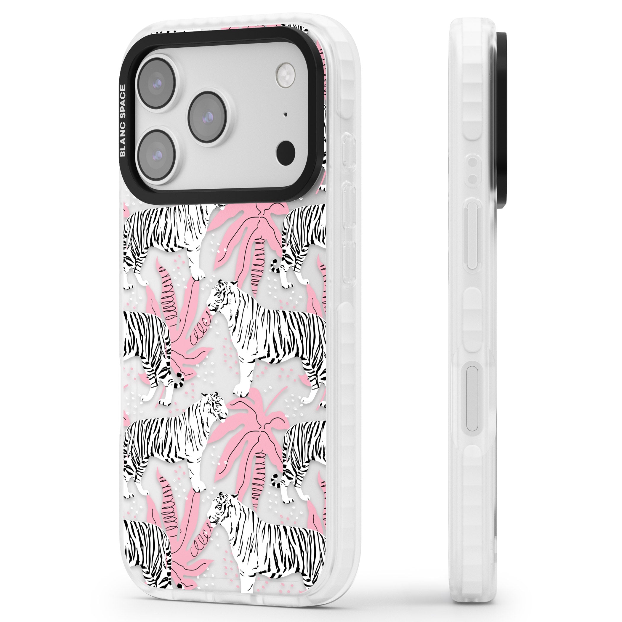 Pink & White Tropical Tigers iPhone 17 Pro Impact Clear Phone Case Side Profile