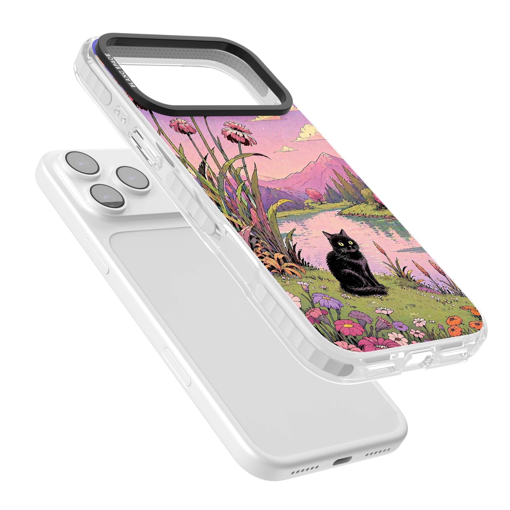 Mystic Whiskers ghibli iPhone case featuring a black cat by a pastel lake, wildflowers and a starry sunset sky | Black Impact case for iPhone 17 Pro, iPhone 17 Pro Max