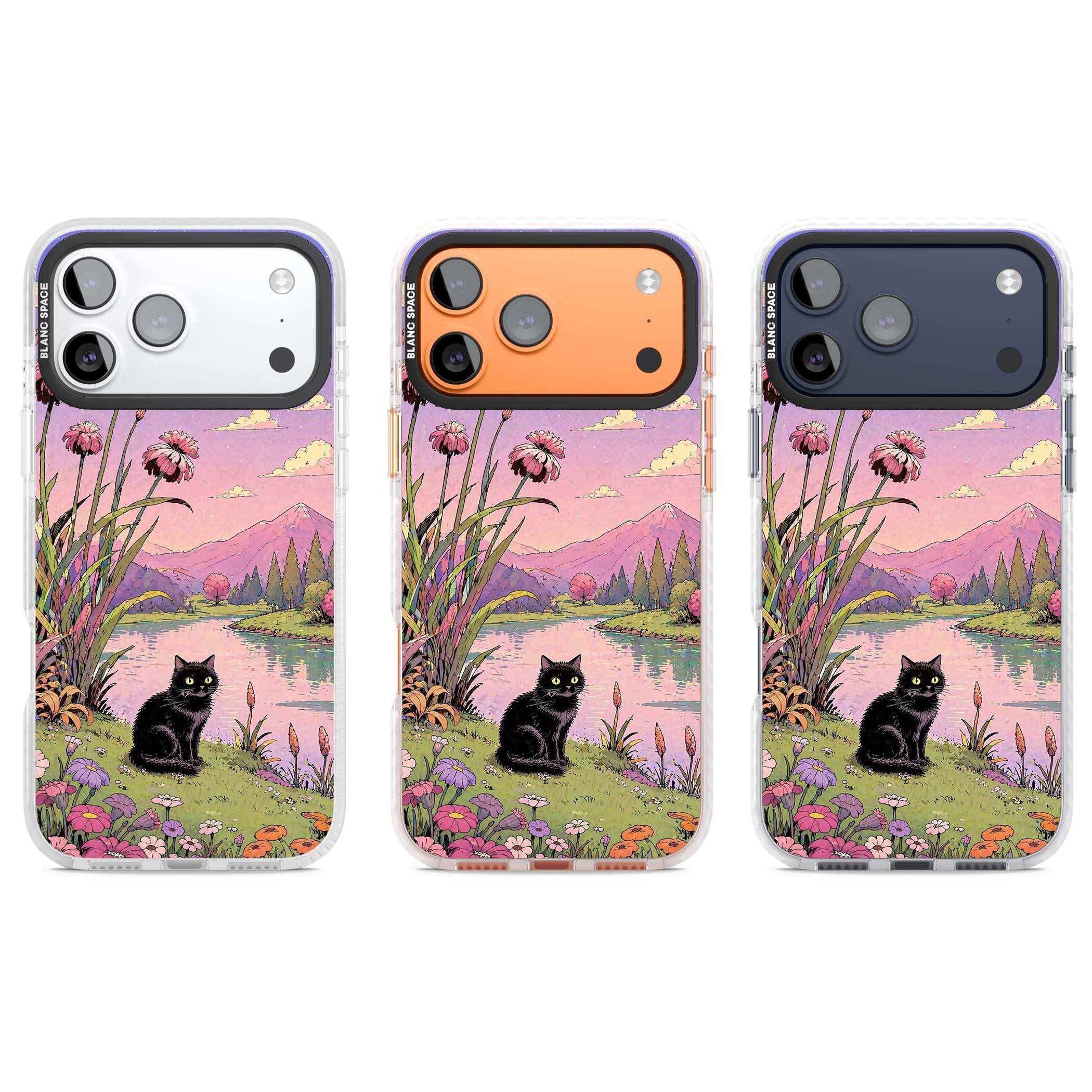 Mystic Whiskers ghibli iPhone case featuring a black cat by a pastel lake, wildflowers and a starry sunset sky | Black Impact case for iPhone 17 Pro, iPhone 17 Pro Max