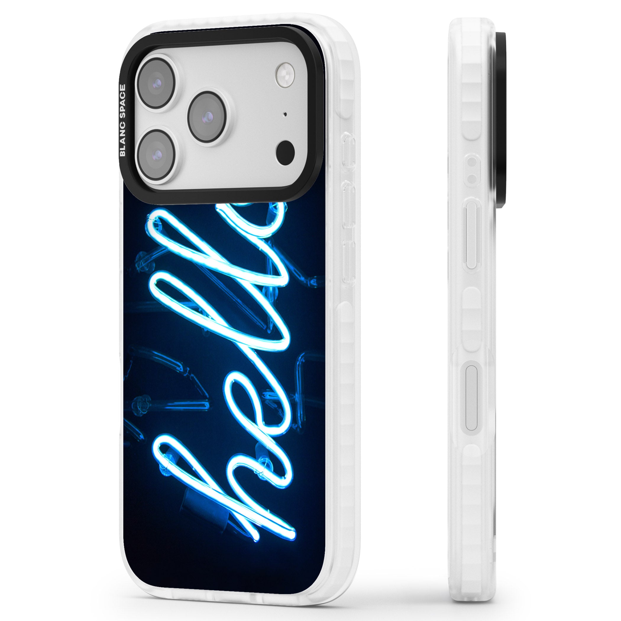 Hello Neon Sign iPhone 17 Pro Impact Clear Phone Case Side Profile