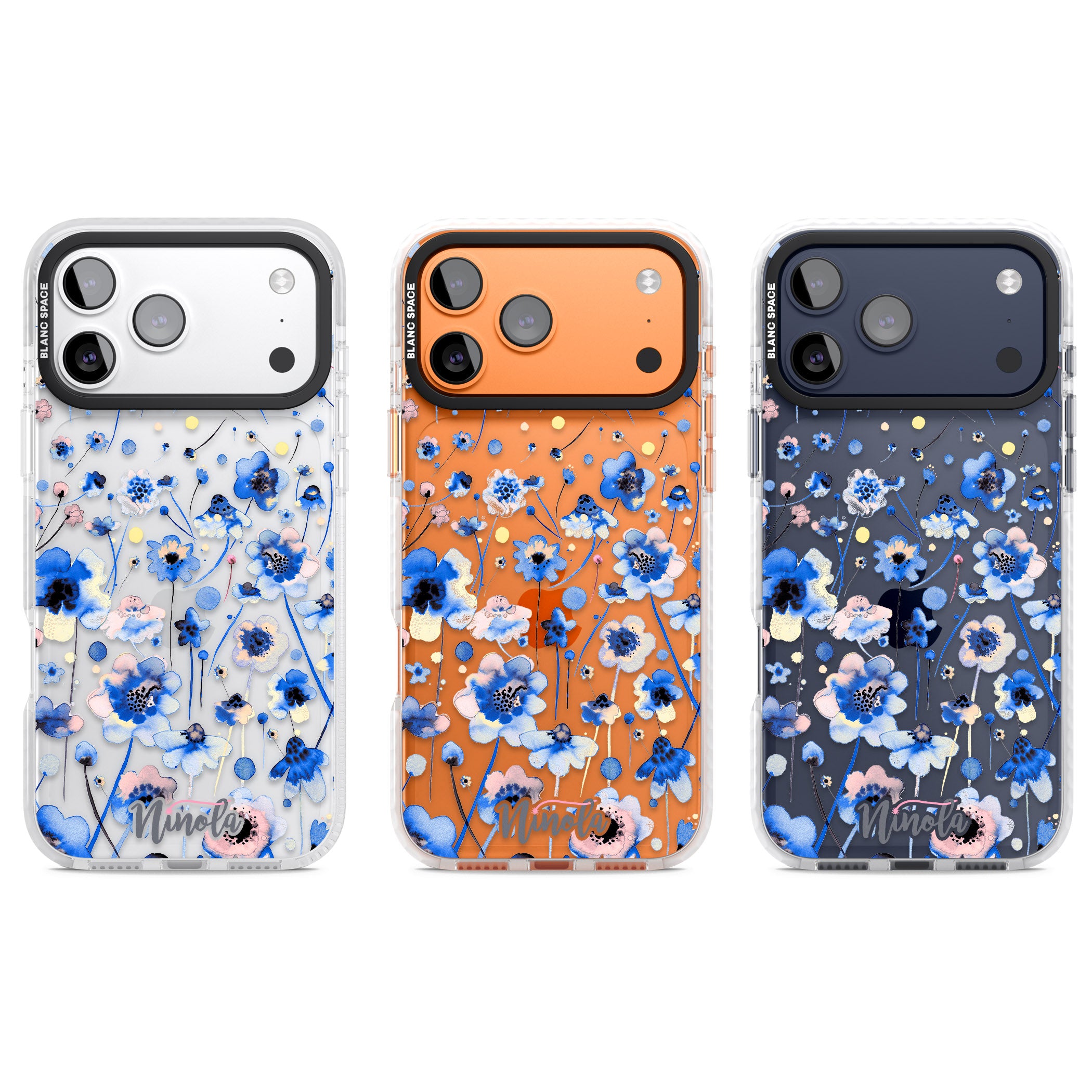 Ink Flowers Blue iPhone 17 Pro Impact Clear Phone Case APT Impact Protection