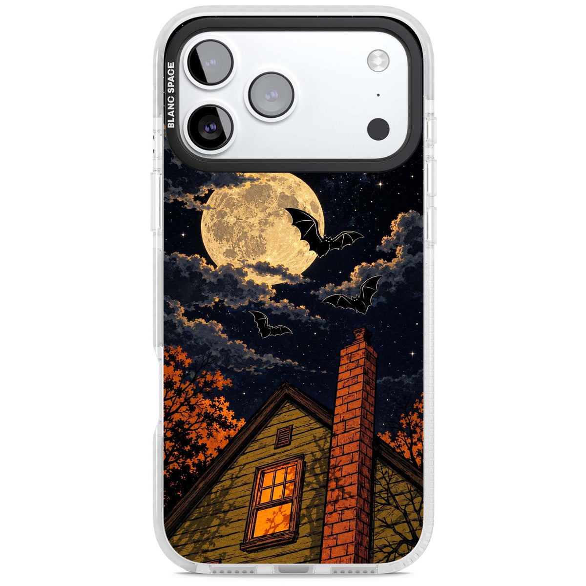 Hollows Eve Halloween iPhone case featuring a haunted house, full moon and flying bats against a starry autumn sky | Black Impact case for iPhone 17 Pro, iPhone 17 Pro Max