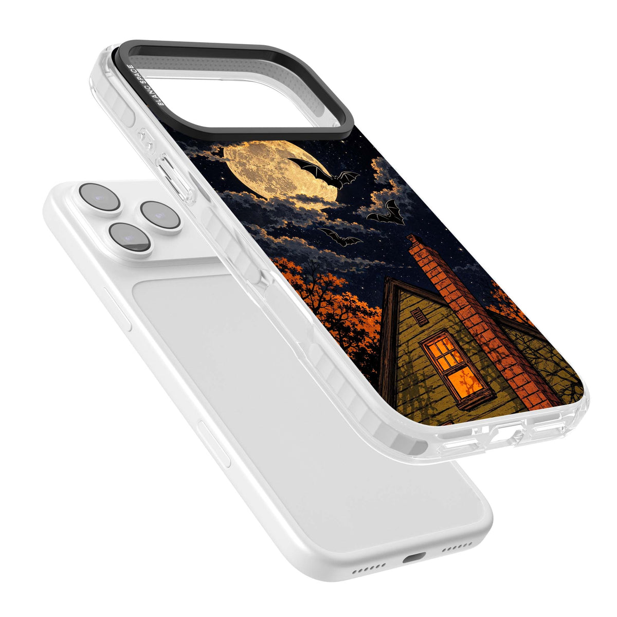 Hollows Eve Halloween iPhone case featuring a haunted house, full moon and flying bats against a starry autumn sky | Black Impact case for iPhone 17 Pro, iPhone 17 Pro Max