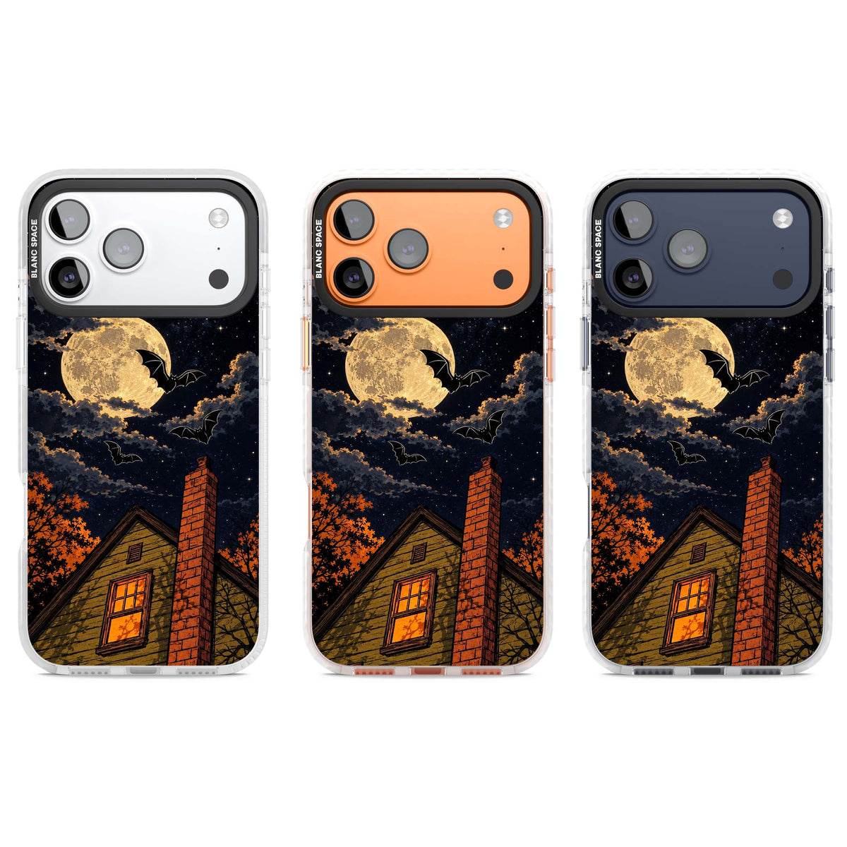 Hollows Eve Halloween iPhone case featuring a haunted house, full moon and flying bats against a starry autumn sky | Black Impact case for iPhone 17 Pro, iPhone 17 Pro Max