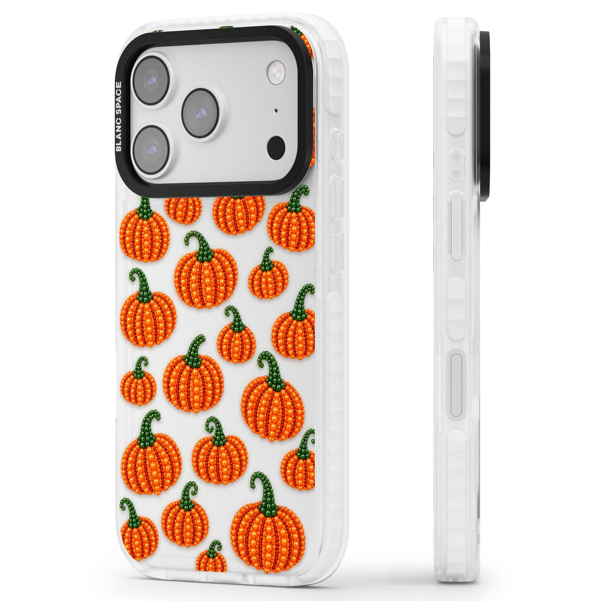 Beaded Pumpkins halloween iPhone case featuring beaded orange pumpkins with green stems on a clear background | Black Impact case for iPhone 17 Pro, iPhone 17 Pro Max