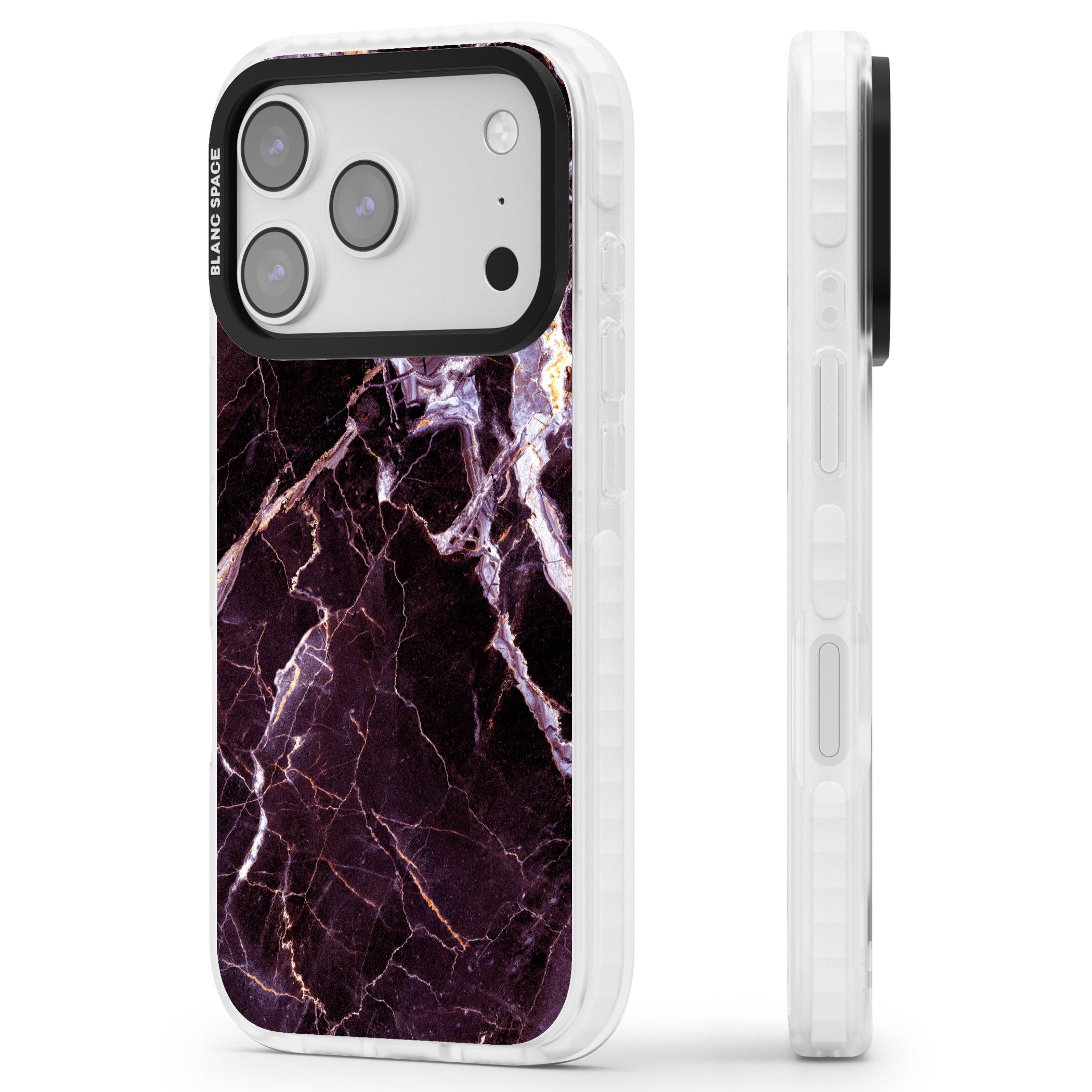 Violet Shatter Marble iPhone 17 Pro Impact Clear Phone Case Side Profile