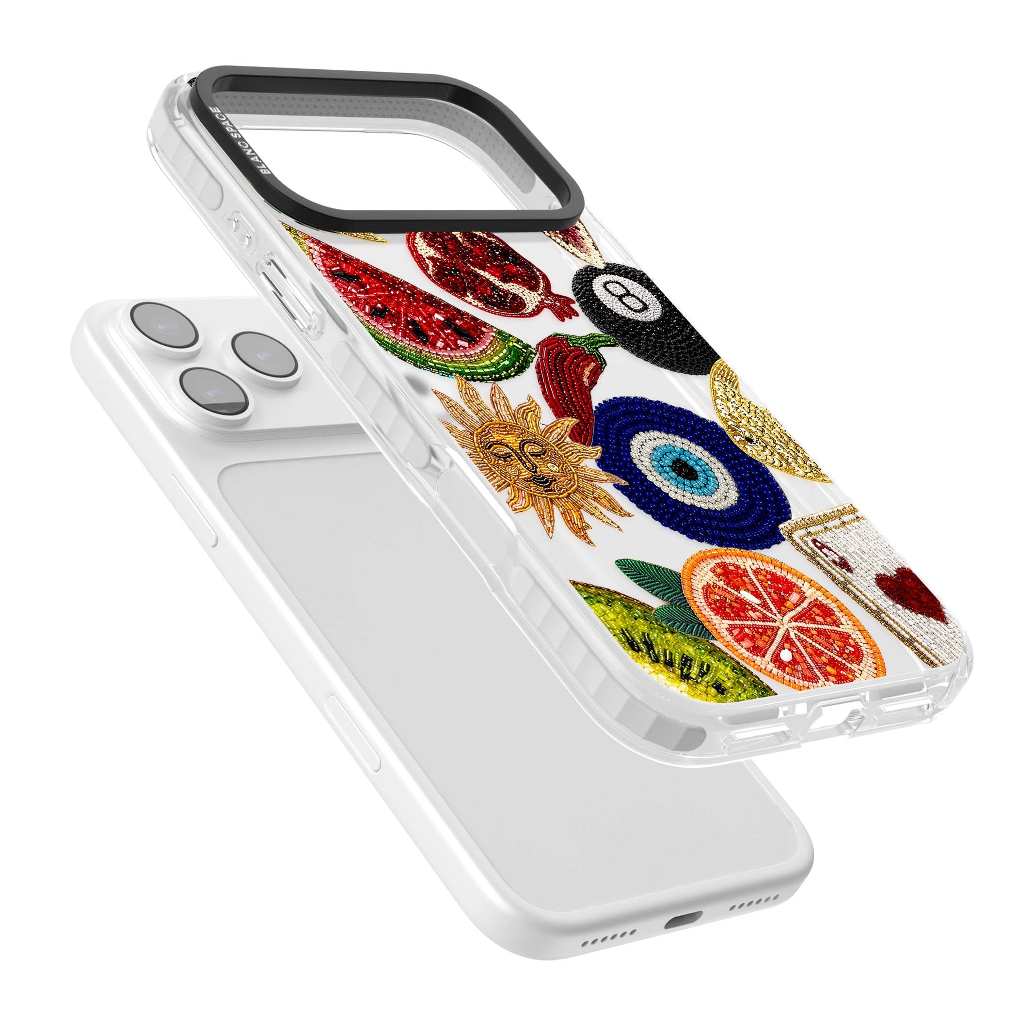 Beaded Charms embroidery iPhone case featuring beaded evil eye, fruit patches and a golden sun motif | Black Impact case for iPhone 17 Pro, iPhone 17 Pro Max