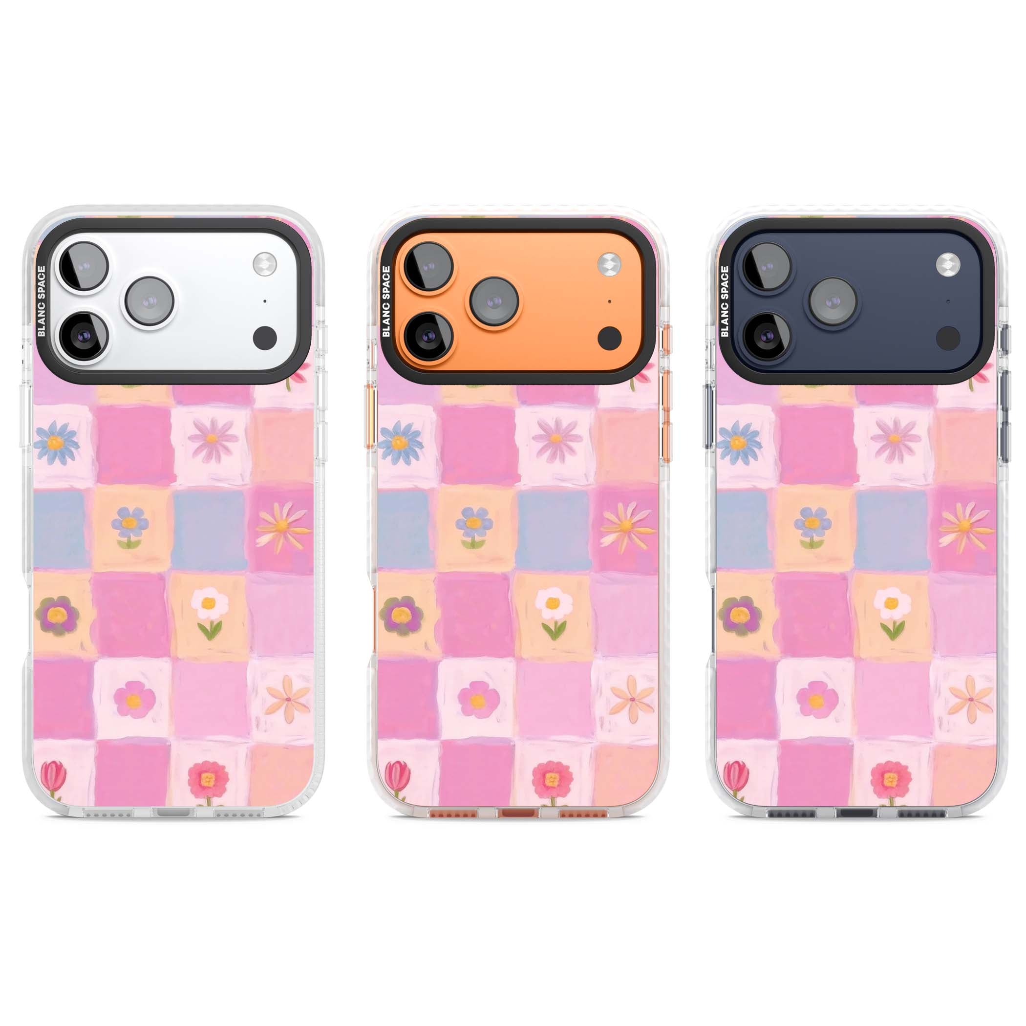 Pastel Flower Patchwork cottagecore iPhone case featuring painted pink and lilac squares with daisies and wildflowers | Black Impact case for iPhone 17 Pro, iPhone 17 Pro Max