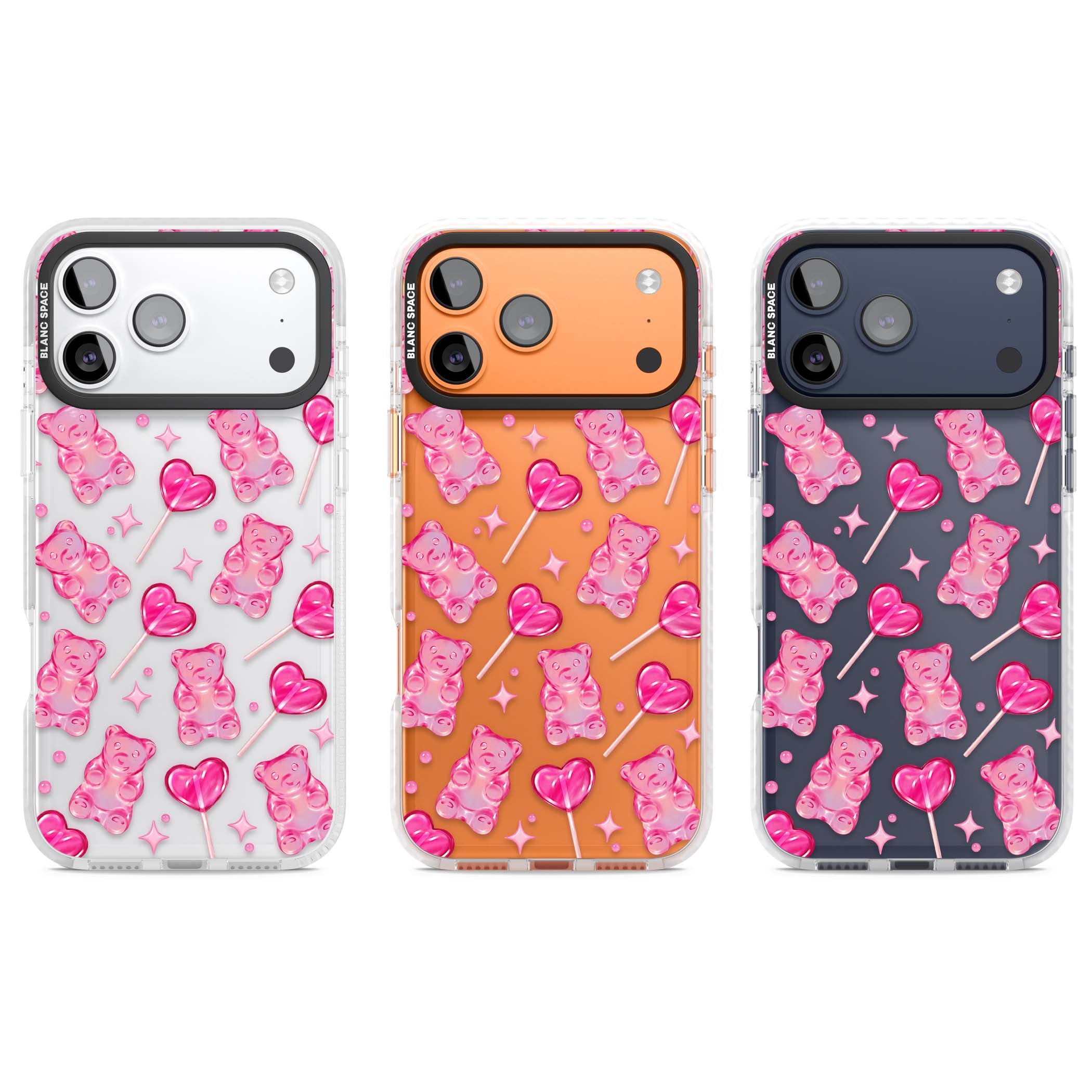 Pink Sugar pinkcore iPhone case featuring pink gummy bears, heart-shaped lollipops and sparkle stars | Black Impact case for iPhone 17 Pro, iPhone 17 Pro Max