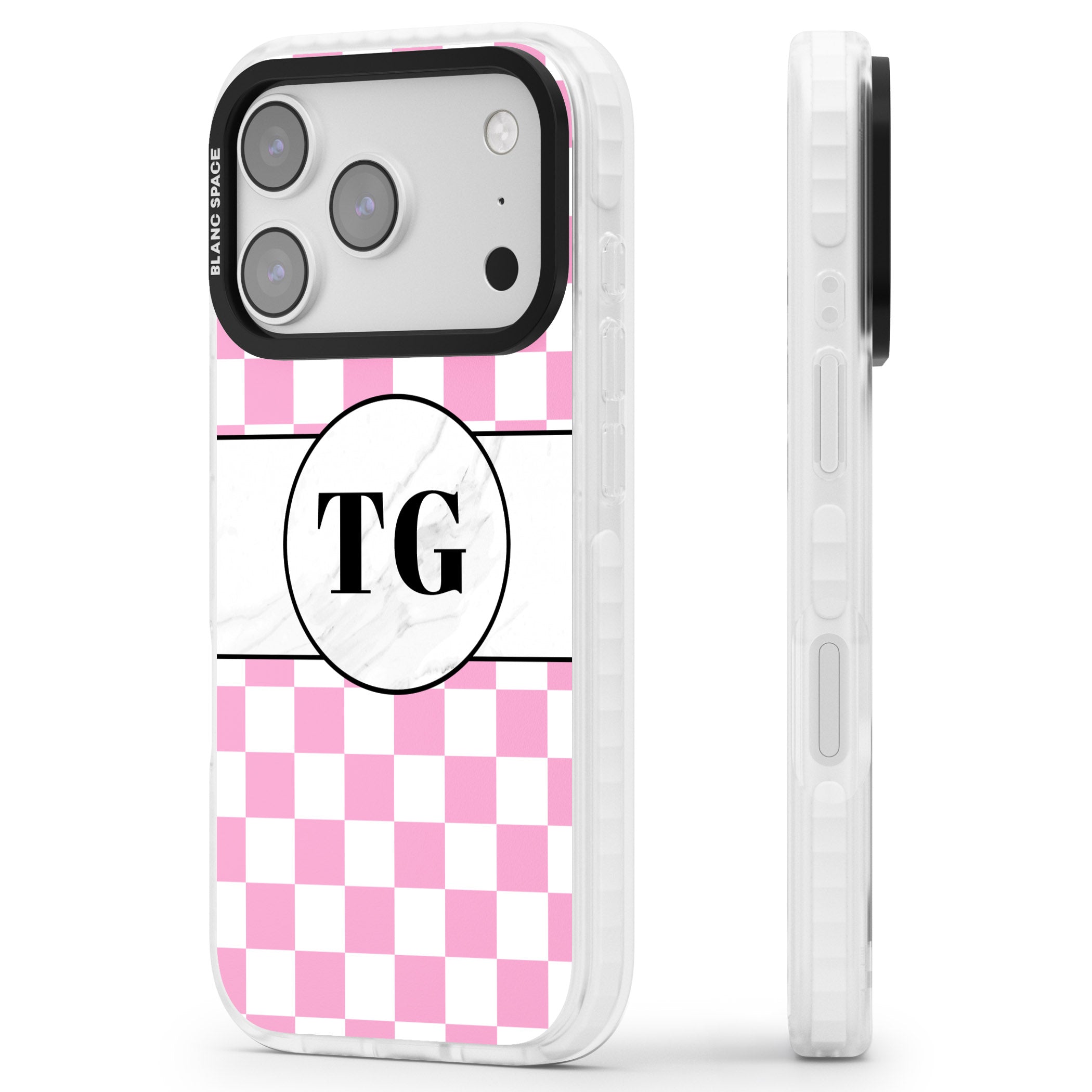 Personalised Monogrammed Pink Check iPhone 17 Pro Impact Clear Phone Case Side Profile