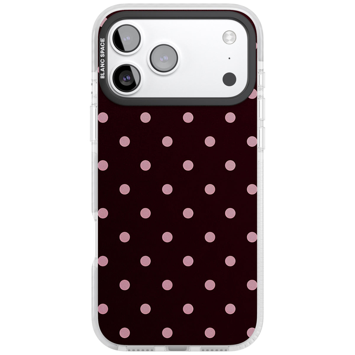 Merlot Dots polka dot iPhone case featuring dusty pink spots on a deep burgundy background in a retro grid iPhone 17 Pro Max Impact Clear Phone Case front