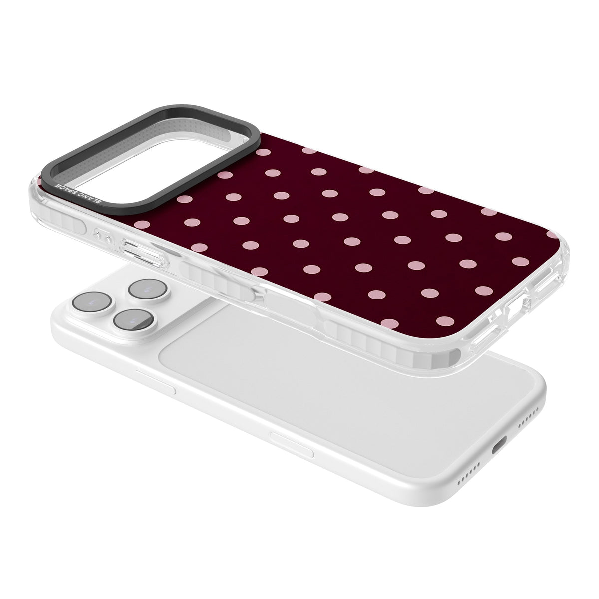 Merlot Dots polka dot iPhone case featuring dusty pink spots on a deep burgundy background in a retro grid iPhone 17 Pro Max Impact Clear Phone Case angled