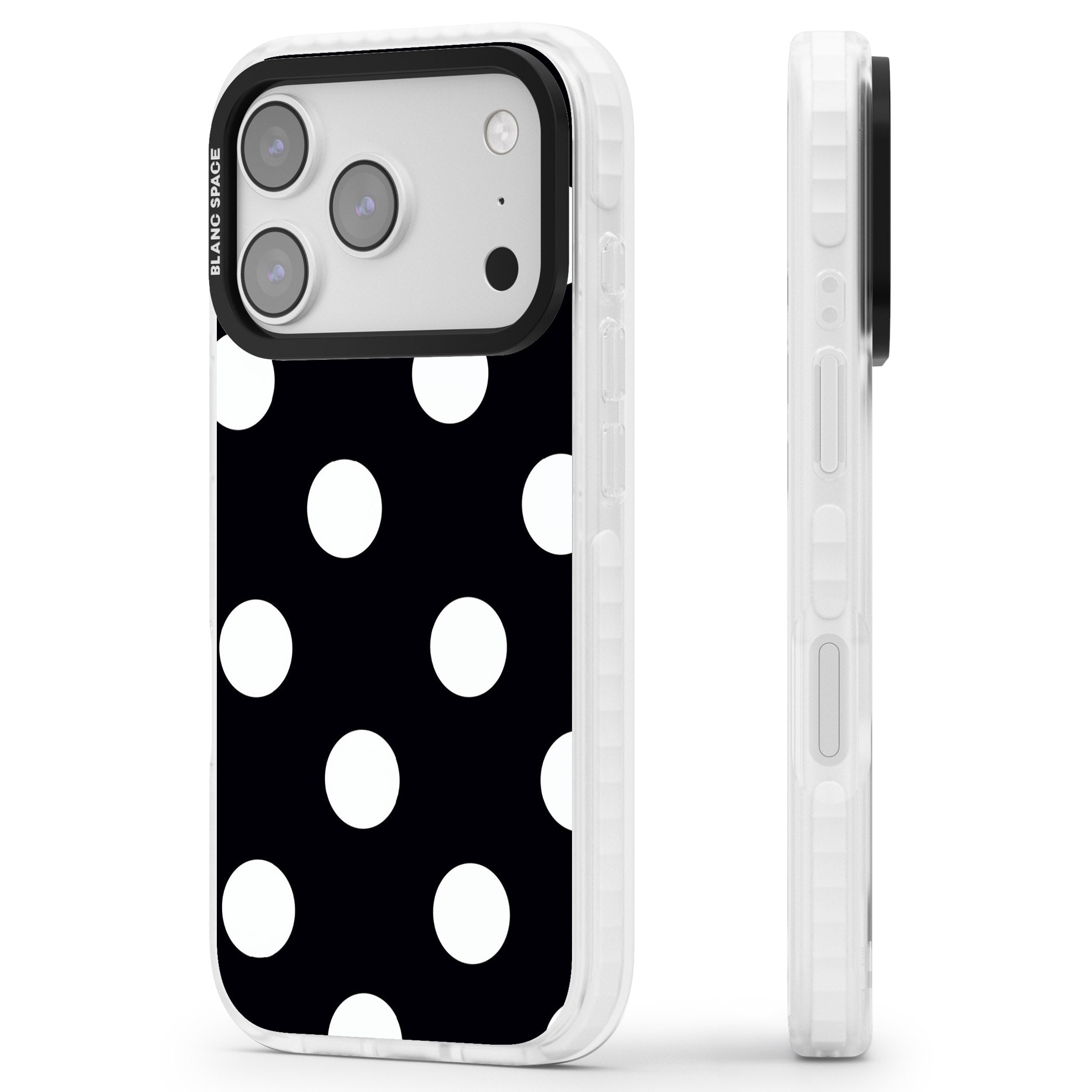 Chic Black Polka Dot iPhone 17 Pro Impact Clear Phone Case Side Profile