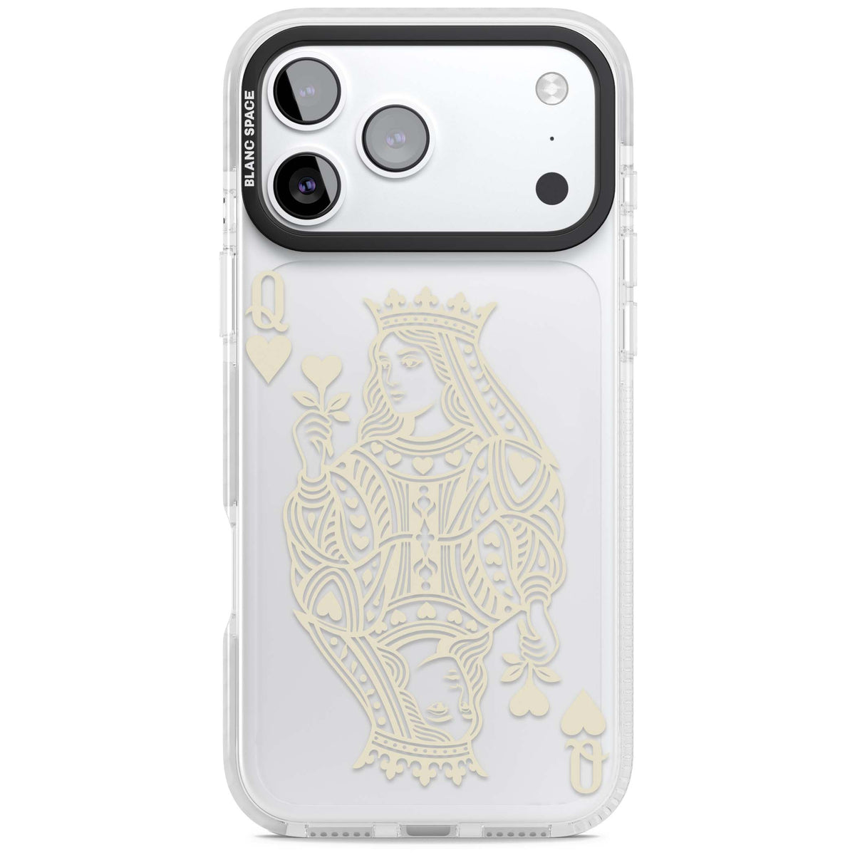 Queen Of Hearts (Beige) playing card iPhone case featuring cream line art queen, hearts suit symbols and vintage deck detaili | Black Impact case for iPhone 17 Pro, iPhone 17 Pro Max
