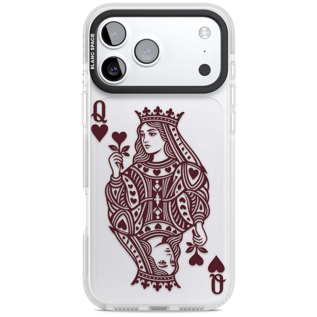 Queen Of Hearts (Burgundy) dark academia iPhone case featuring a burgundy vintage playing card illustration with crowned quee | Black Impact case for iPhone 17 Pro, iPhone 17 Pro Max