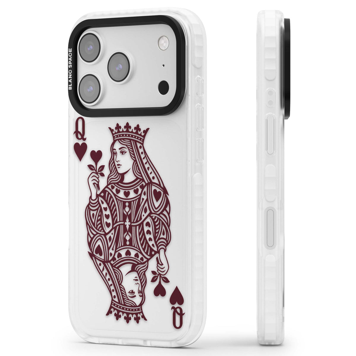 Queen Of Hearts (Burgundy) dark academia iPhone case featuring a burgundy vintage playing card illustration with crowned quee | Black Impact case for iPhone 17 Pro, iPhone 17 Pro Max