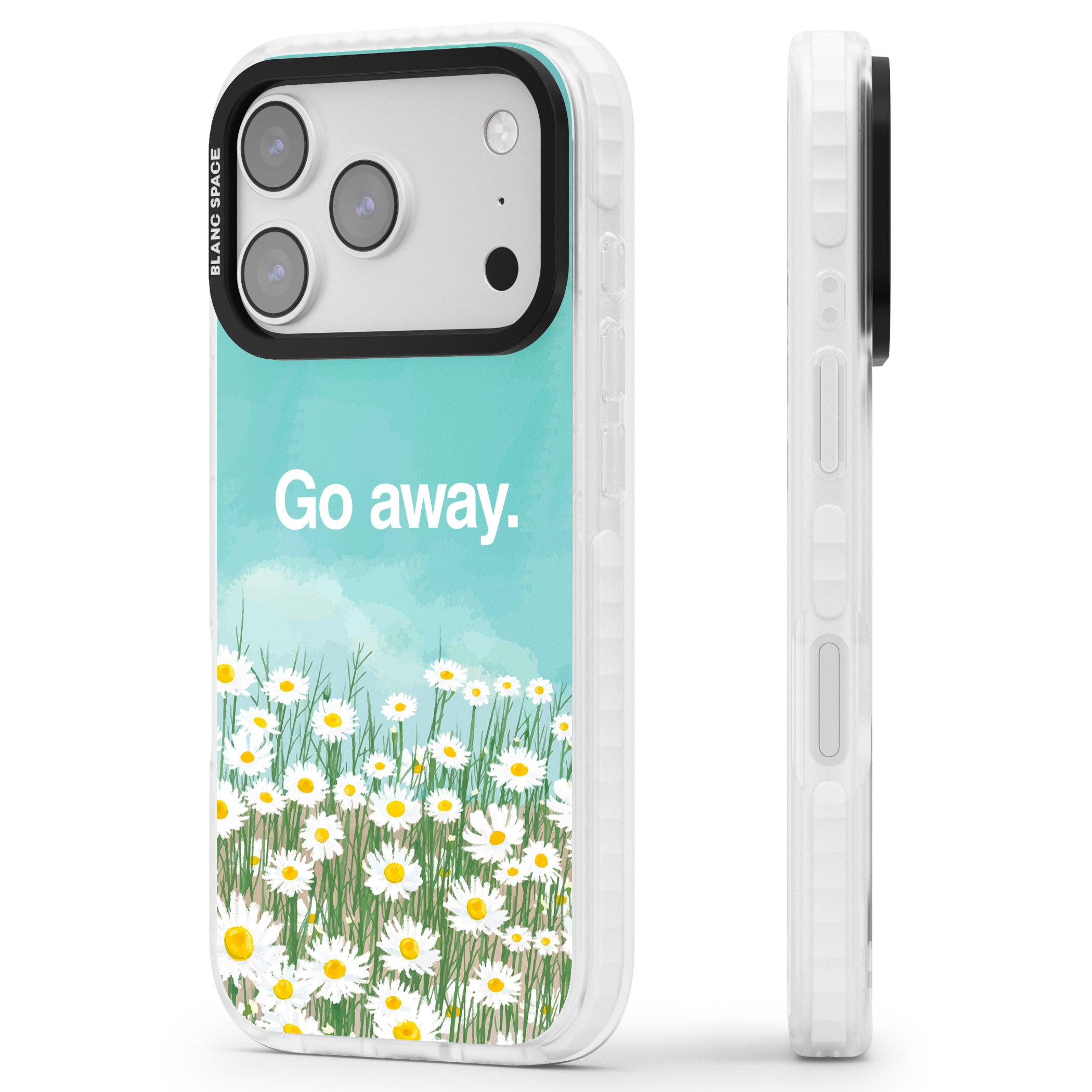 Go Away iPhone 17 Pro Impact Clear Phone Case Side Profile