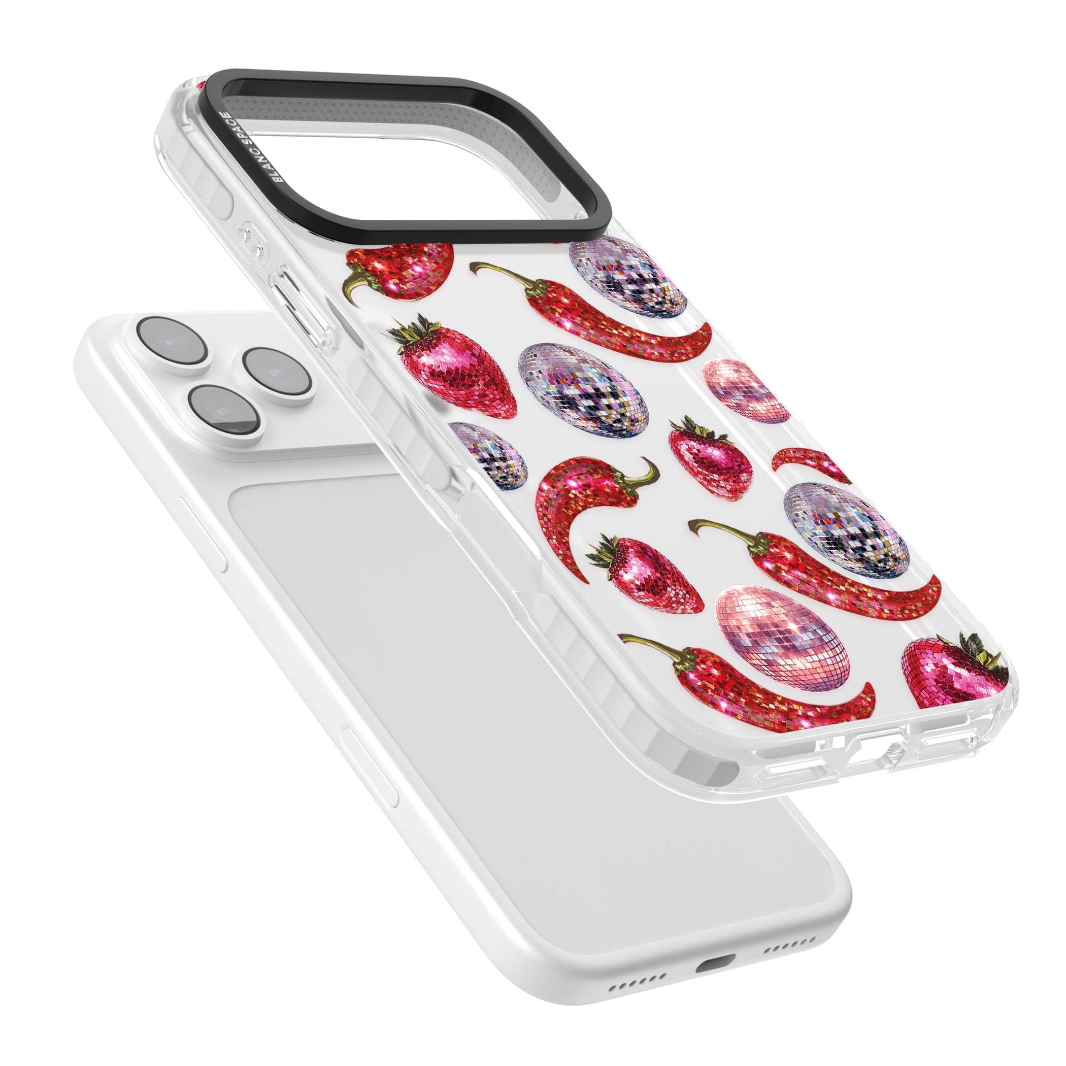 Spicy Disco Y2K iPhone case featuring glitter disco balls, sparkly strawberries and red chilli peppers | Black Impact case for iPhone 17 Pro, iPhone 17 Pro Max