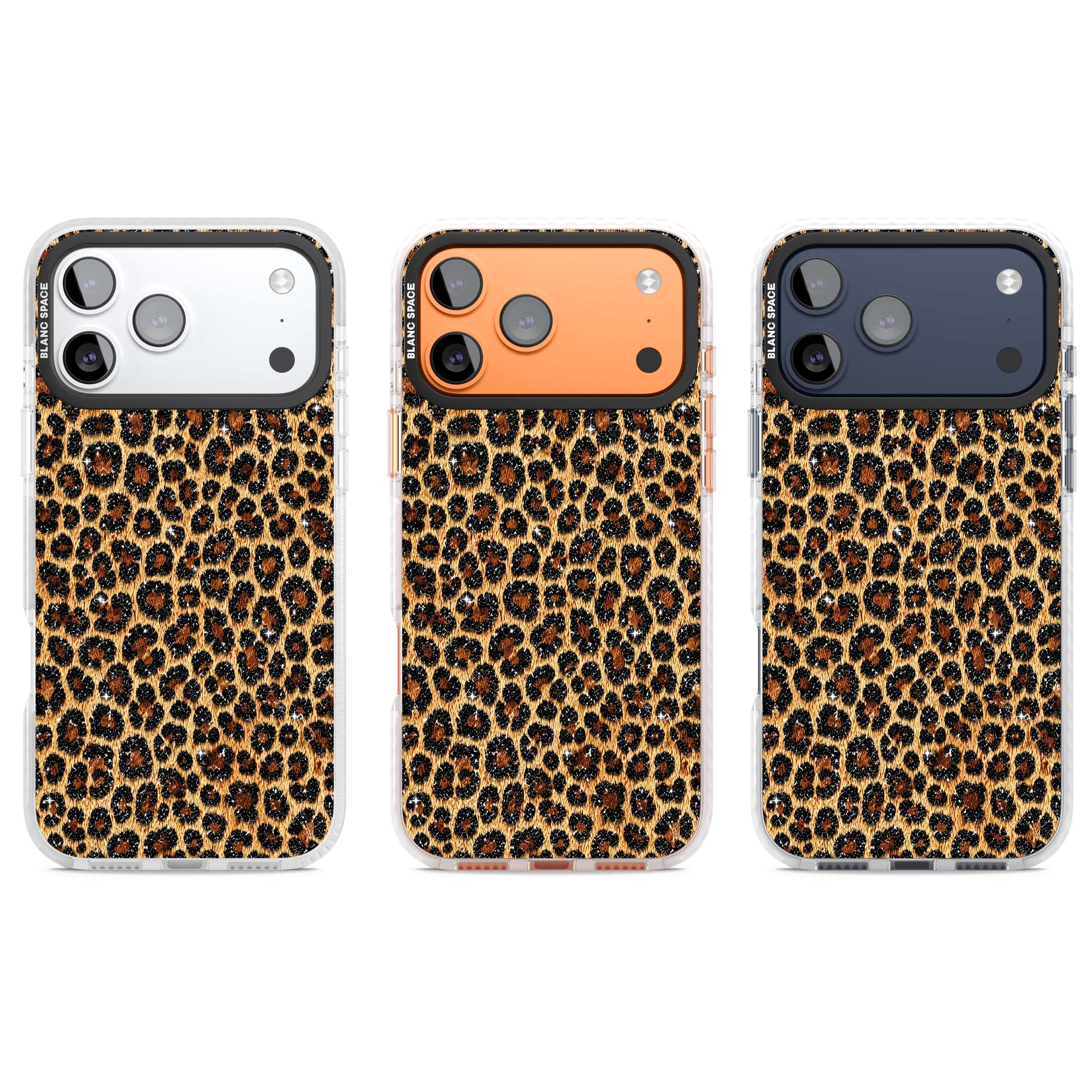 Diamond Leopard leopard print iPhone case featuring golden tan fur, black rosette spots and subtle glitter sparkle | Black Impact case for iPhone 17 Pro, iPhone 17 Pro Max