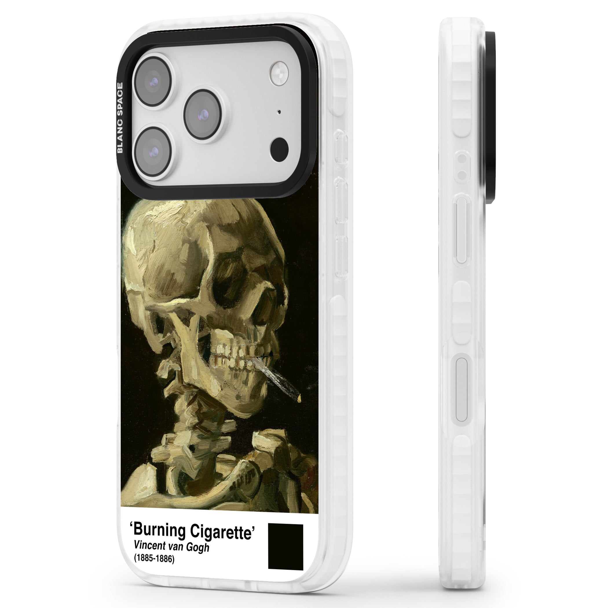 Skull Of A Skeleton With Burning Cigarette iPhone 17 Pro Impact Clear Phone Case Side Profile