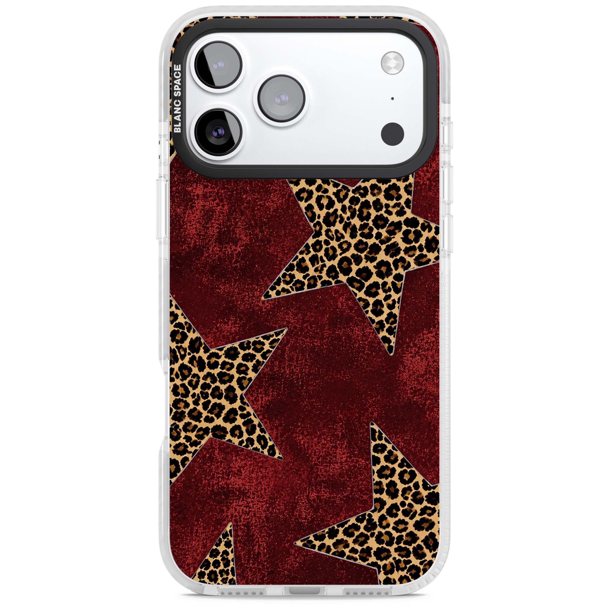 Showgirl leopard print iPhone case featuring cheetah print stars on distressed red grunge background | Black Impact case for iPhone 17 Pro, iPhone 17 Pro Max