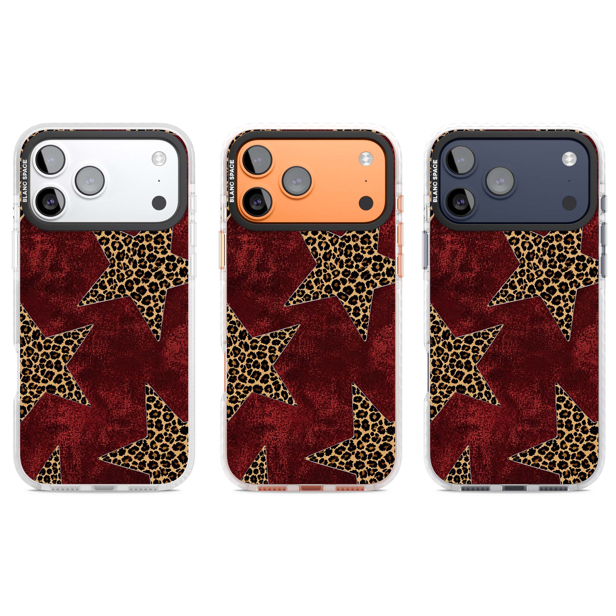 Showgirl leopard print iPhone case featuring cheetah print stars on distressed red grunge background | Black Impact case for iPhone 17 Pro, iPhone 17 Pro Max
