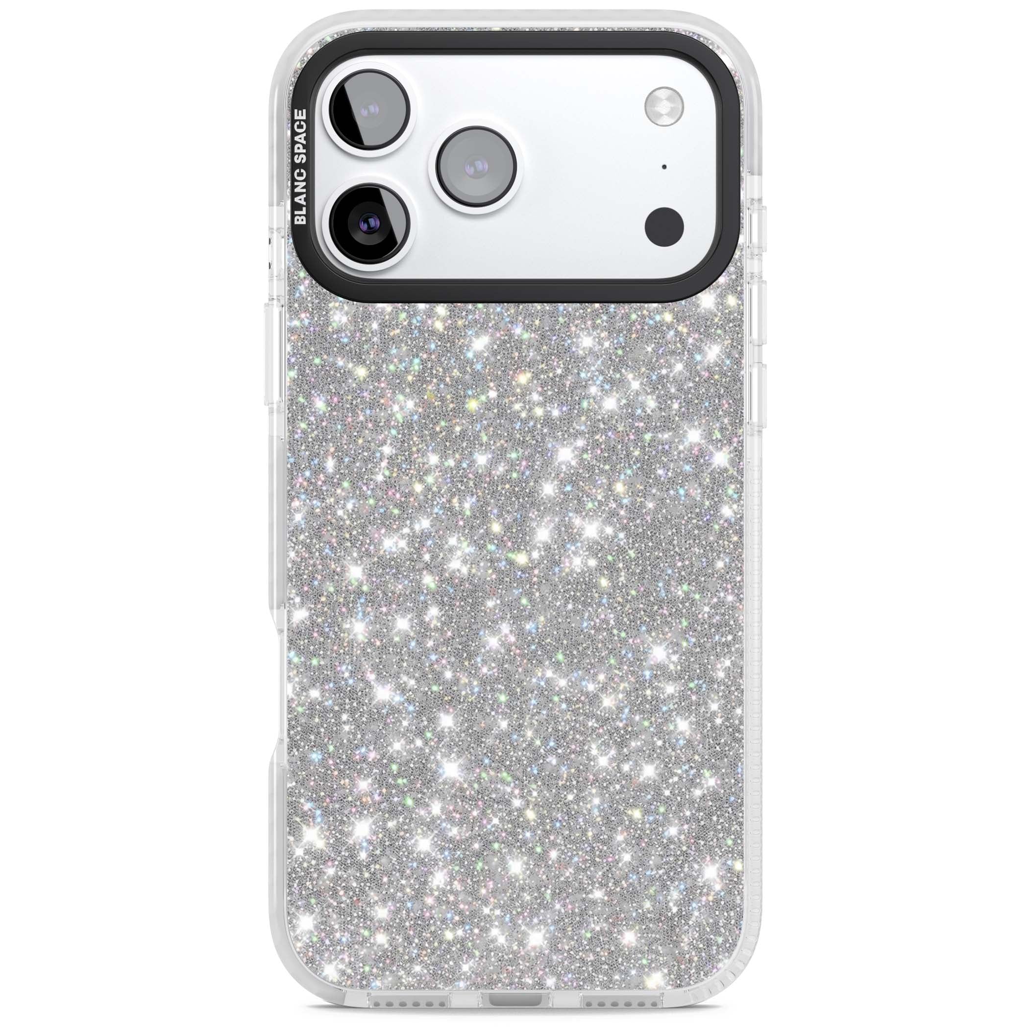 Diamond glam iPhone case featuring silver glitter sparkle and shimmering diamond dust effect | Black Impact case for iPhone 17 Pro, iPhone 17 Pro Max