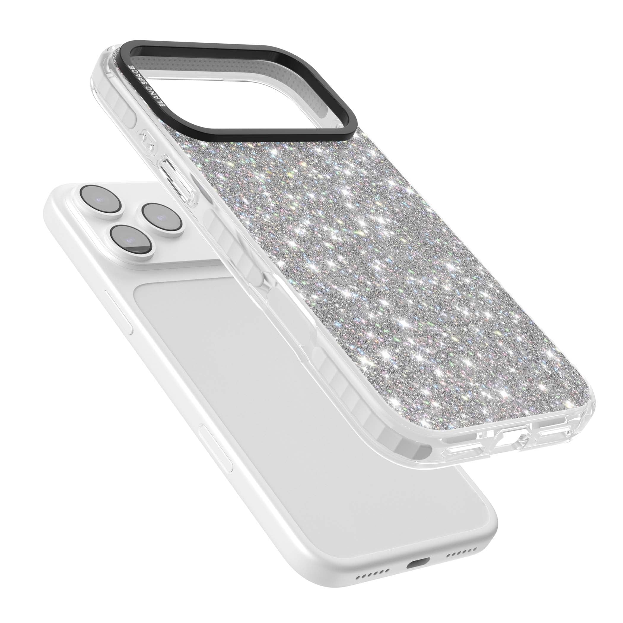 Diamond glam iPhone case featuring silver glitter sparkle and shimmering diamond dust effect | Black Impact case for iPhone 17 Pro, iPhone 17 Pro Max