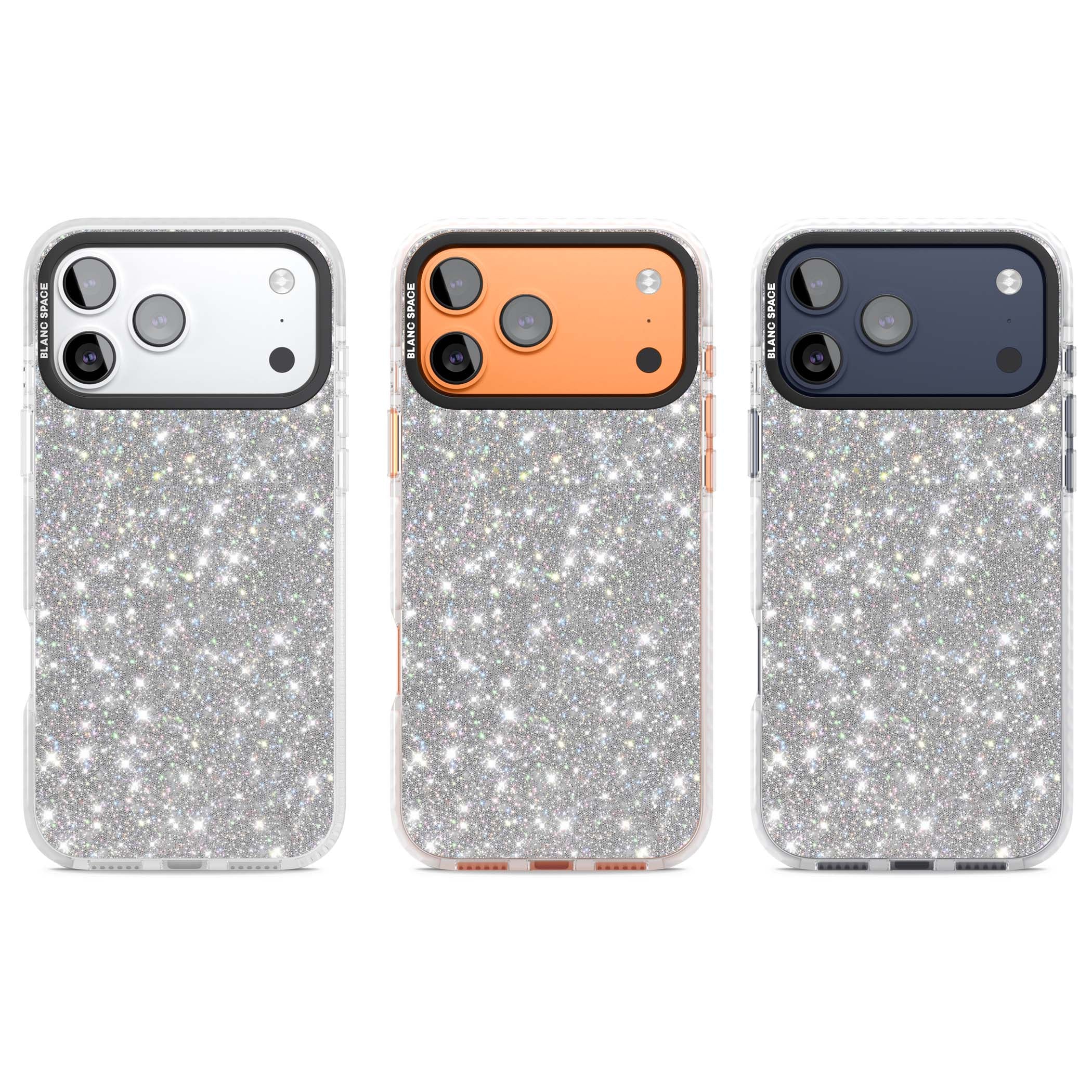 Diamond glam iPhone case featuring silver glitter sparkle and shimmering diamond dust effect | Black Impact case for iPhone 17 Pro, iPhone 17 Pro Max