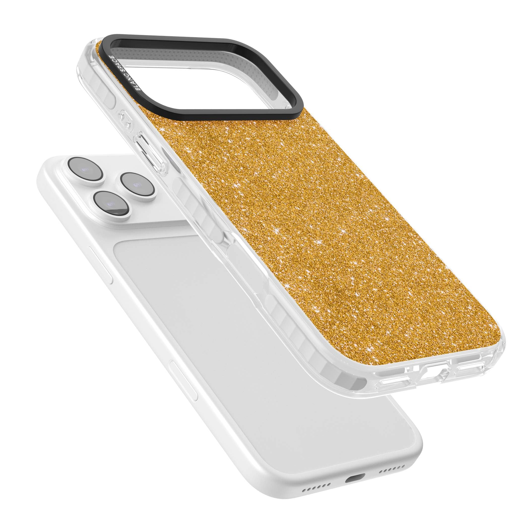 Gold Glitter gold glitter iPhone case featuring a shimmering sparkle wallpaper design in luxury gold | Black Impact case for iPhone 17 Pro, iPhone 17 Pro Max