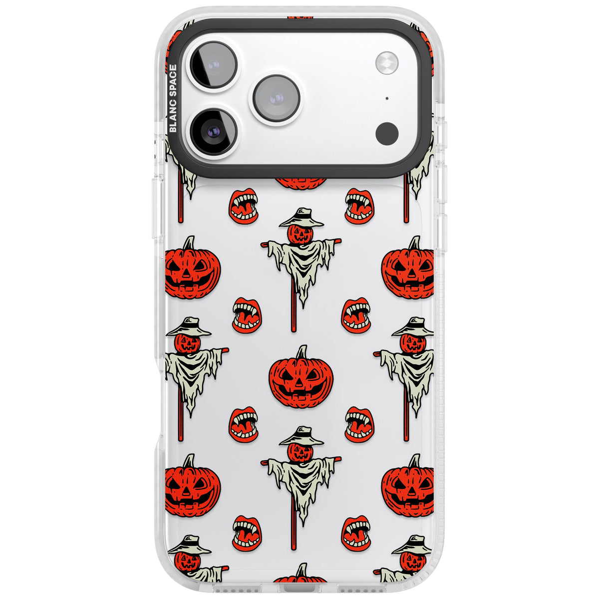 Retro Red Pumpkins & Scarecrows iPhone 17 Pro Max Impact Clear Phone Case front