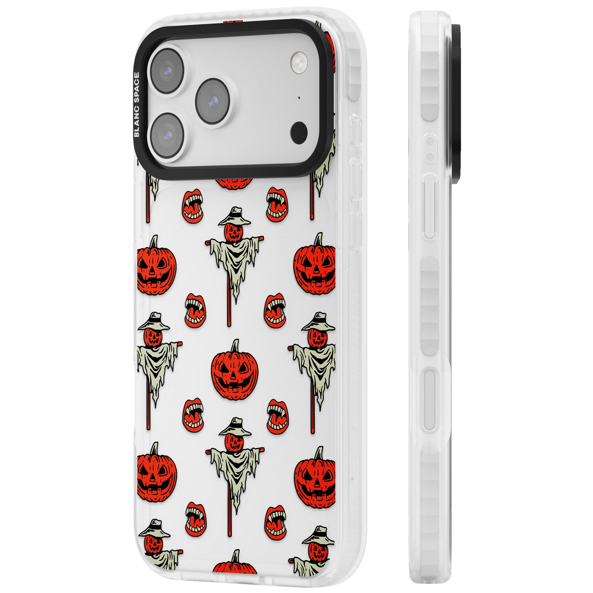 Retro Red Pumpkins & Scarecrows iPhone 17 Pro Max Impact Clear Phone Case side