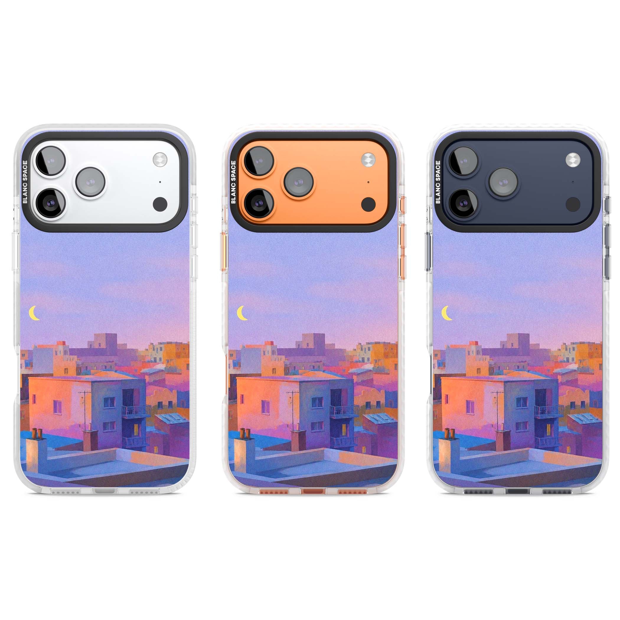 Twilight Rooftops vaporwave iPhone case featuring a pastel sunset cityscape, painted rooftops and a crescent moon. | Black Impact case for iPhone 17 Pro, iPhone 17 Pro Max