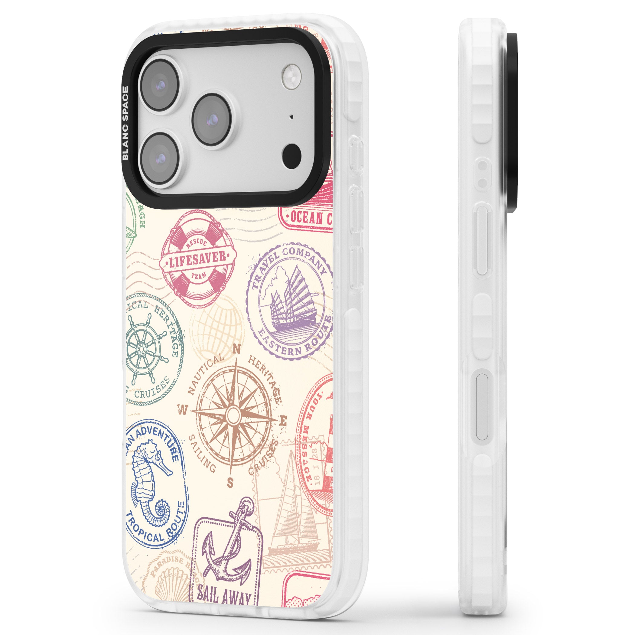 Nautical Stamps iPhone 17 Pro Impact Clear Phone Case Side Profile